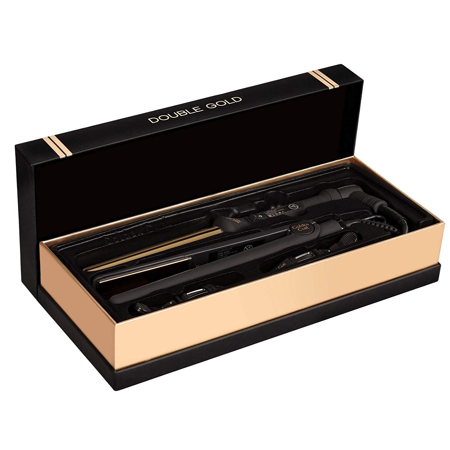 Eine schwarz-goldene Box öffnet sich und enthüllt Haarstyling-Geräte, darunter ein Glätteisen und ein Lockenstab.