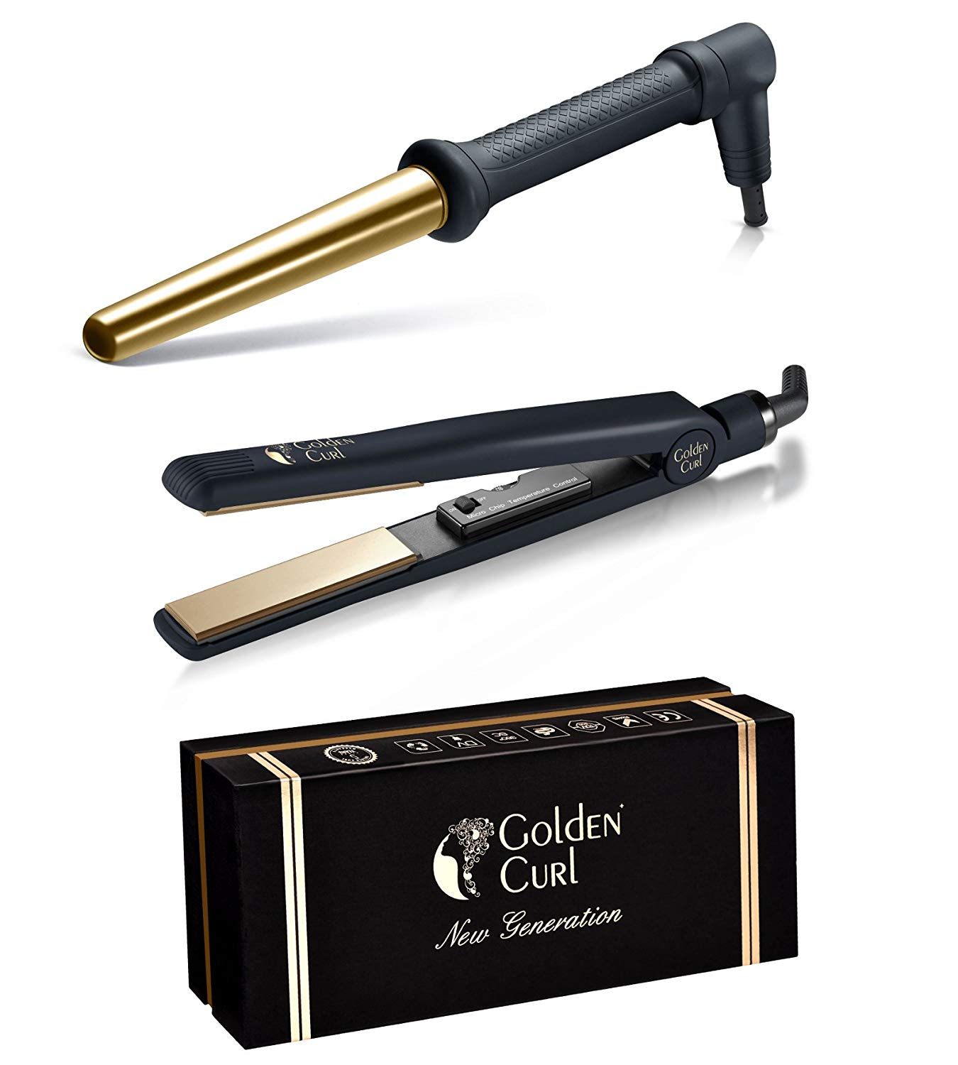 Ein goldener Lockenstab, ein schwarzer Glätteisen und eine schwarze Produktbox.