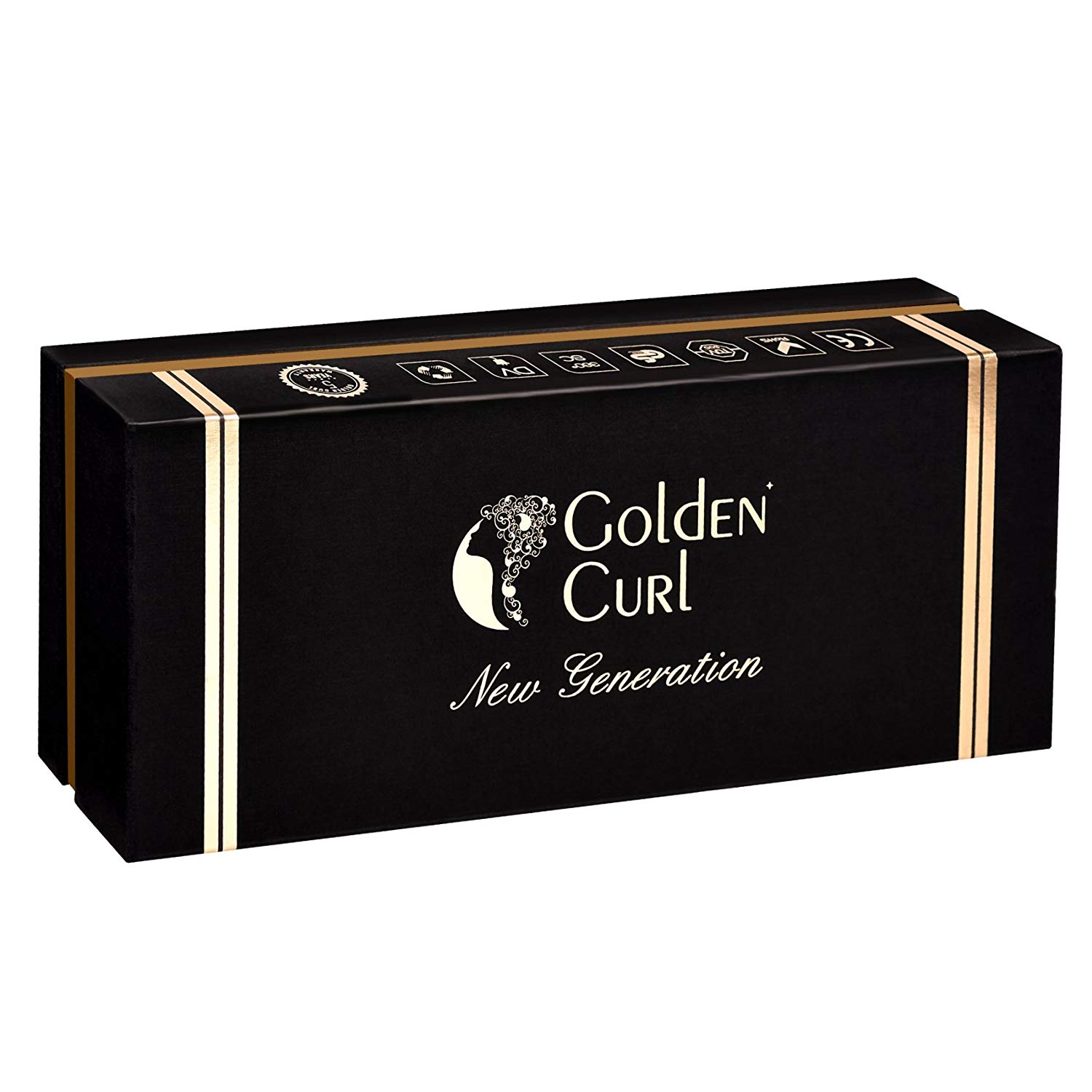 Schwarze Box mit Goldrand, Logo 'Golden Curl' und 'New Generation'.