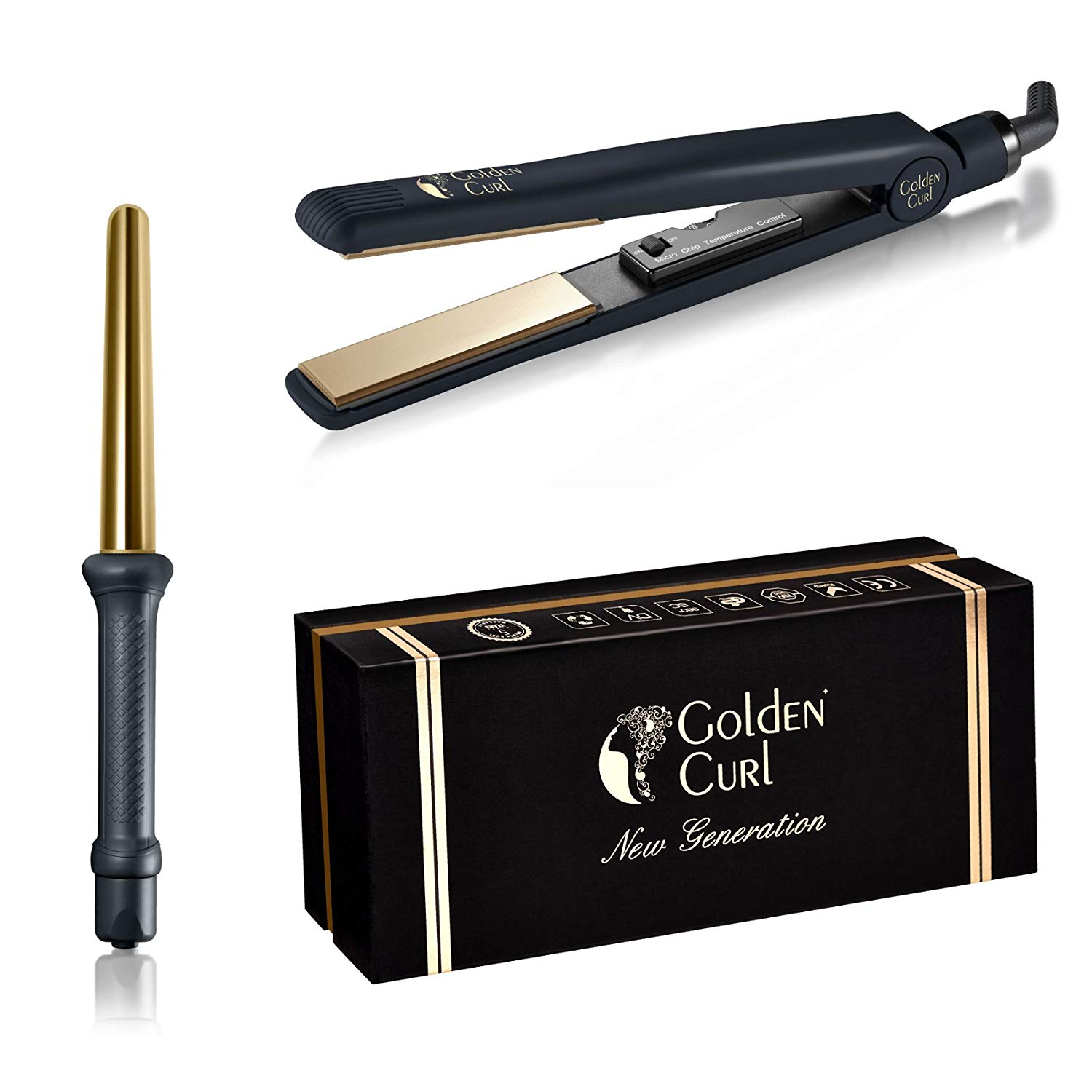 Schwarzer und goldener Haarglätter, Lockenstab und Produktbox.