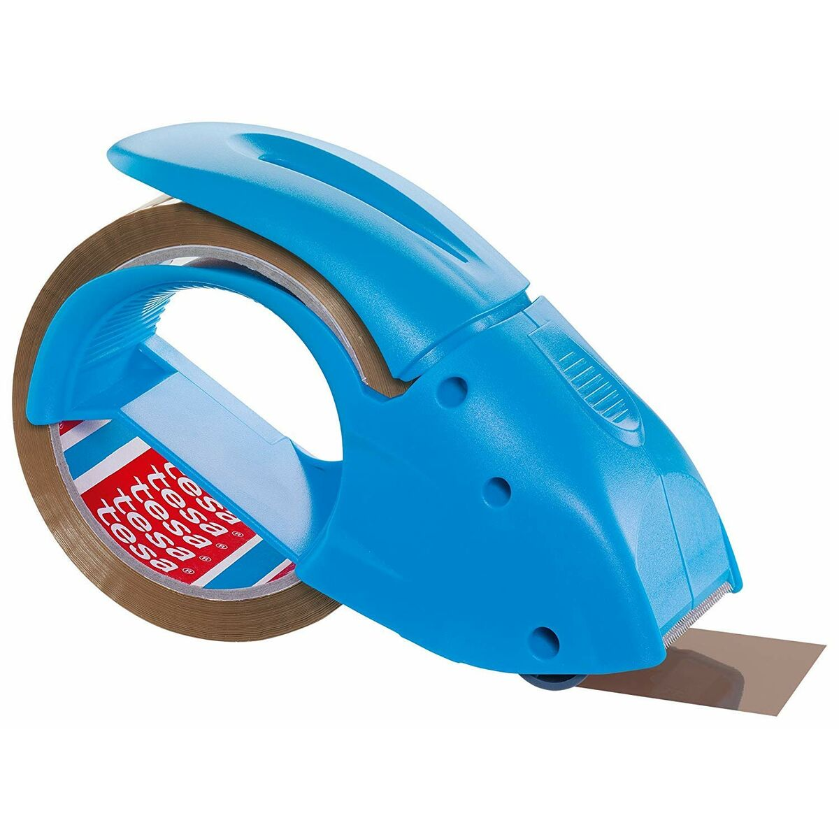 Blauer Klebebandabroller mit braunem Klebeband und Tesa-Logo.
