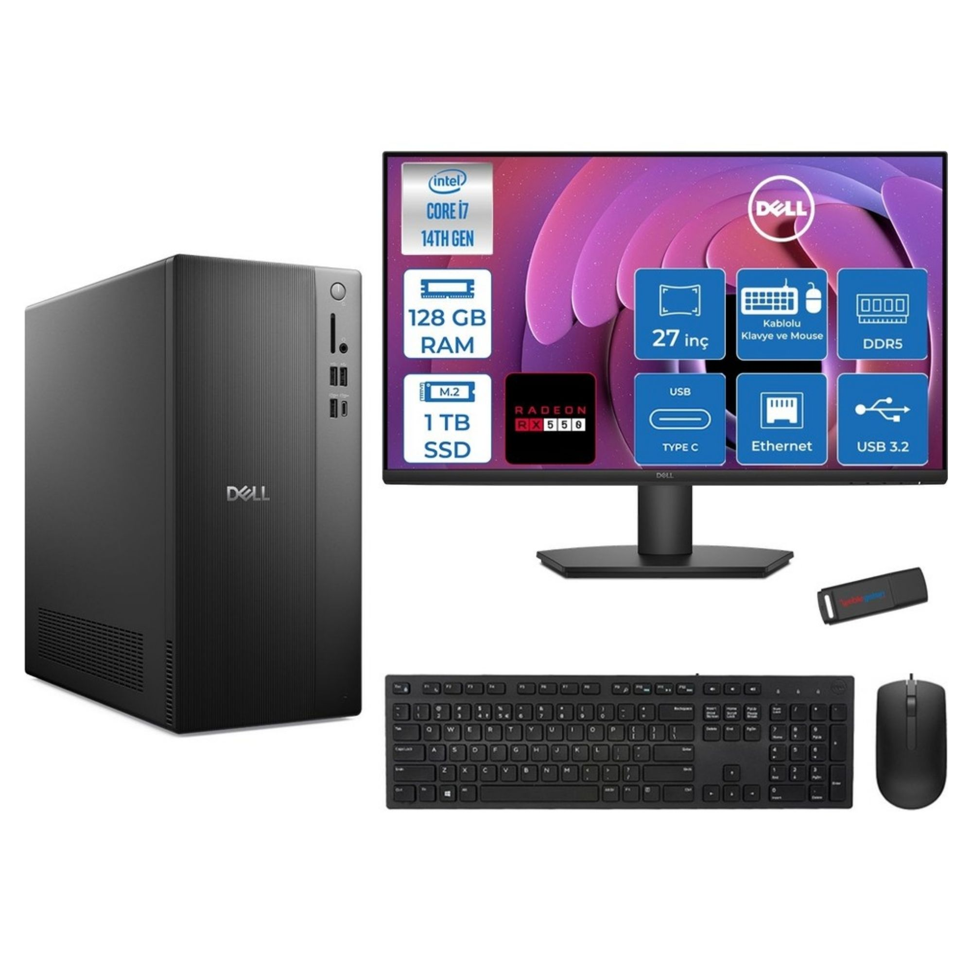 Siyah Dell PC, Intel Core i7, 128GB RAM, 1TB SSD, klavye, fare, USB bellekli 27 inç monitör.