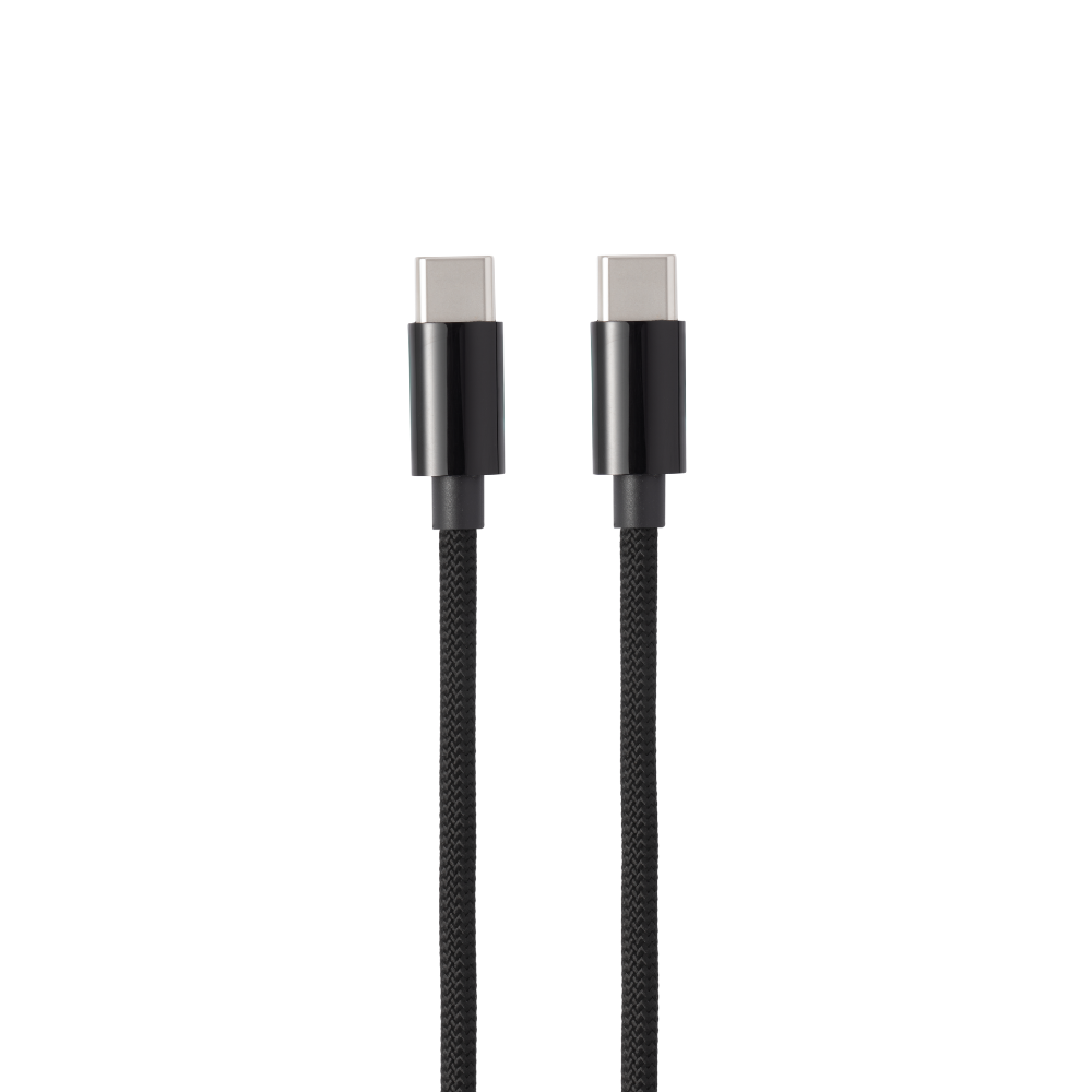 Twee zwarte gevlochten USB-C kabels op witte achtergrond.