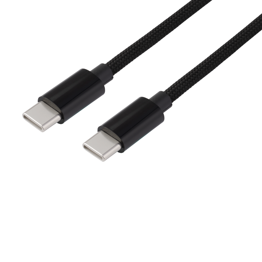 Zwarte USB-C kabel met twee connectoren op witte achtergrond.