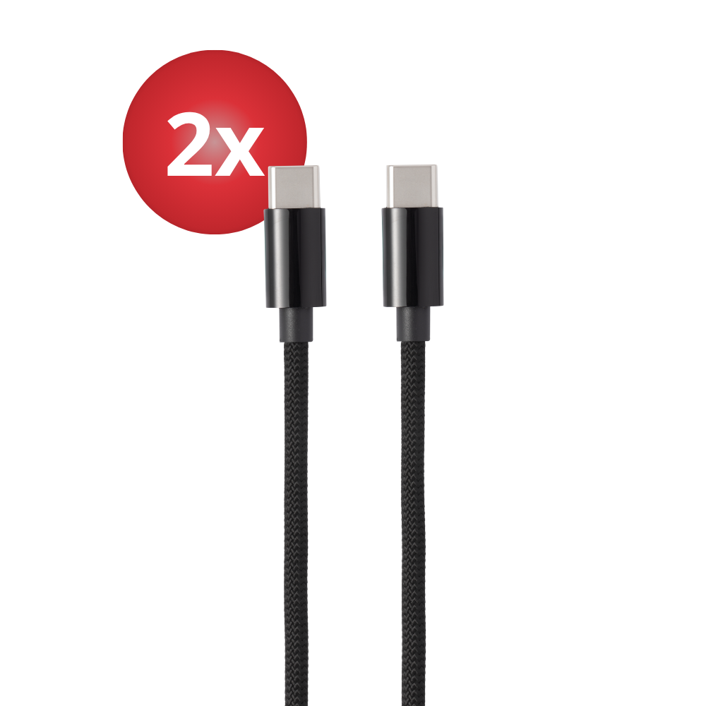 Twee zwarte USB-C kabels met een rode "2x" sticker.