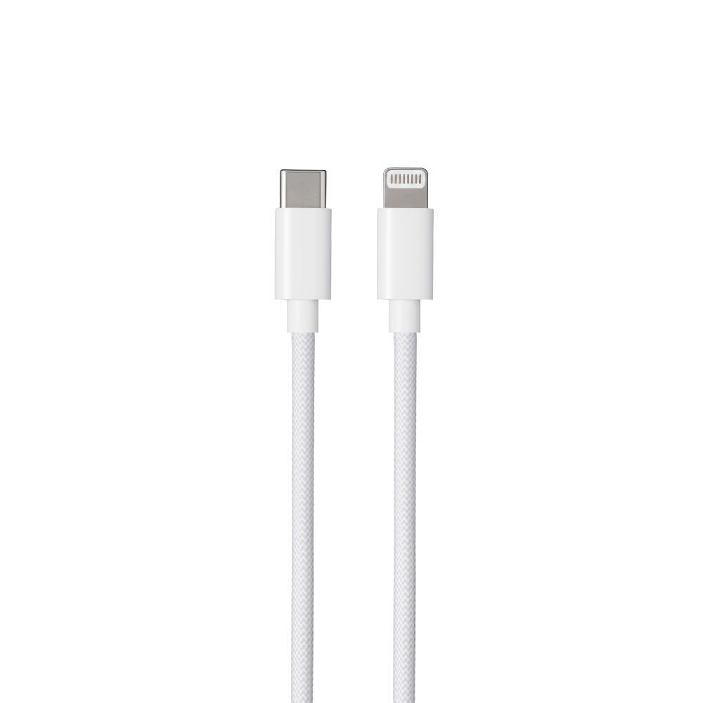 Een witte USB-C naar Lightning-kabel met gevlochten stof, geïsoleerd op wit.