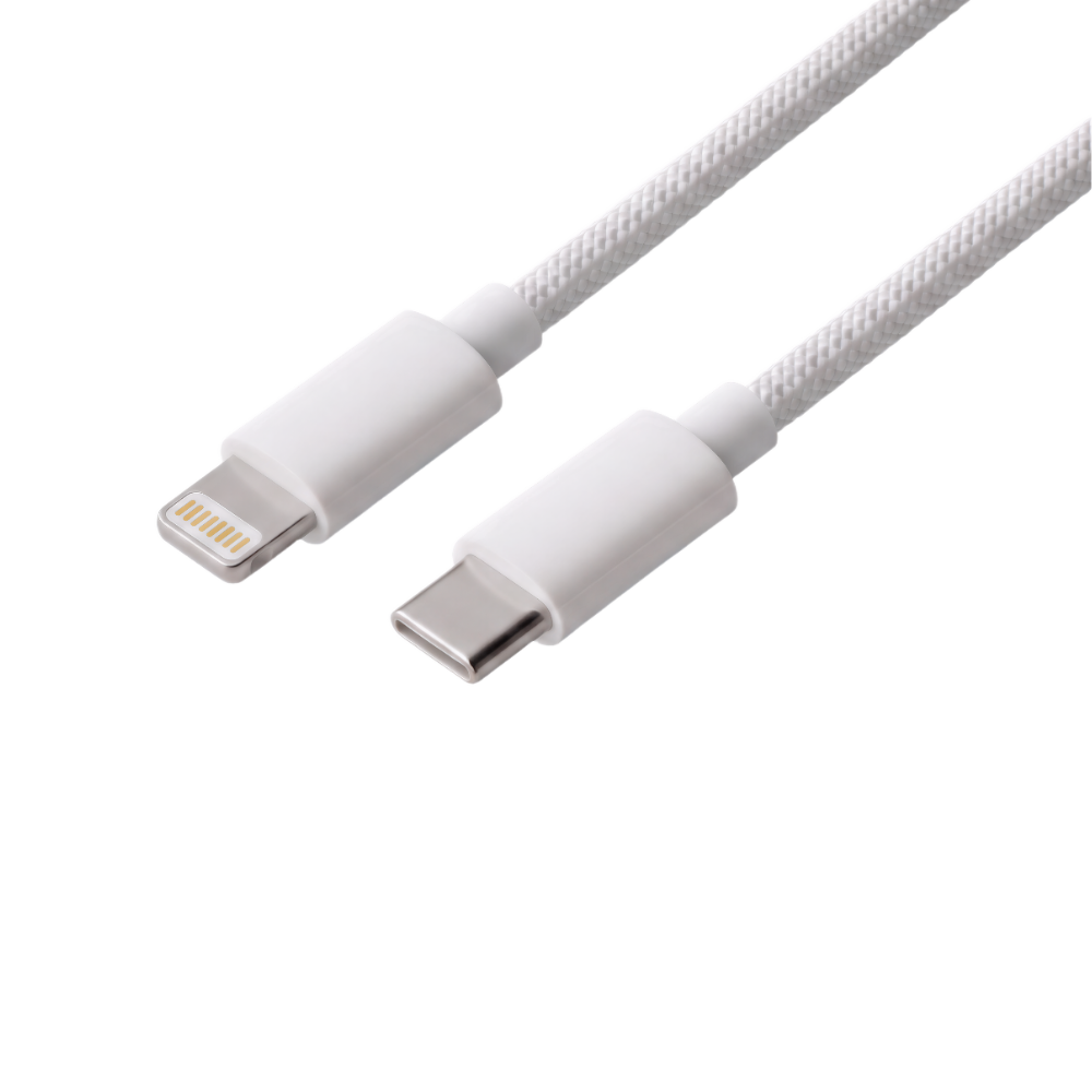 Een witte kabel met Lightning en USB-C connectoren op witte achtergrond.