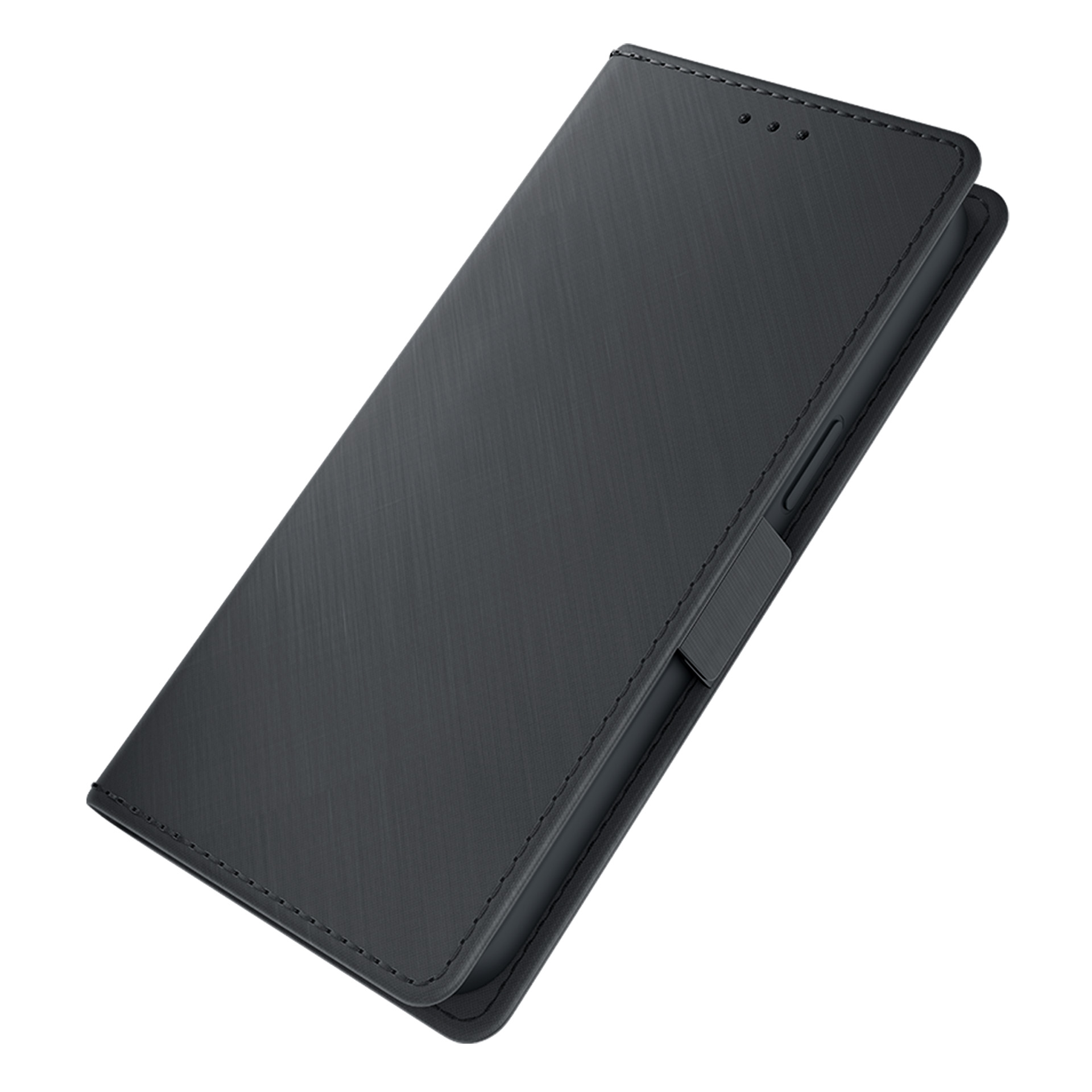 Ciemne, teksturowane etui na telefon w pozycji zamkniętej.