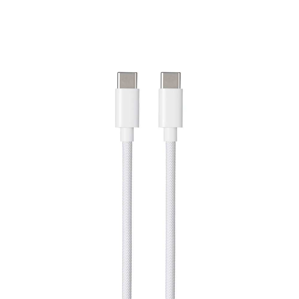 Twee witte USB-C kabels met zilveren connectoren liggen naast elkaar.