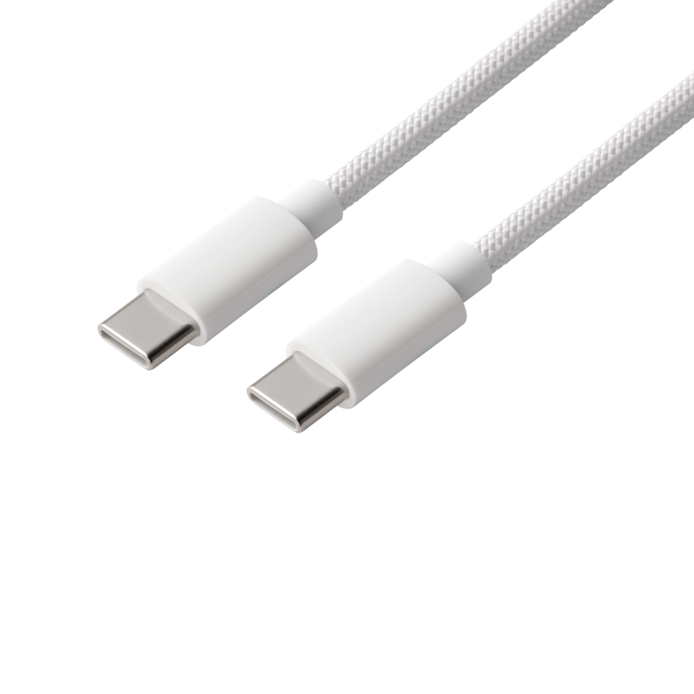 Een witte USB-C kabel met gevlochten textuur en twee connectoren.