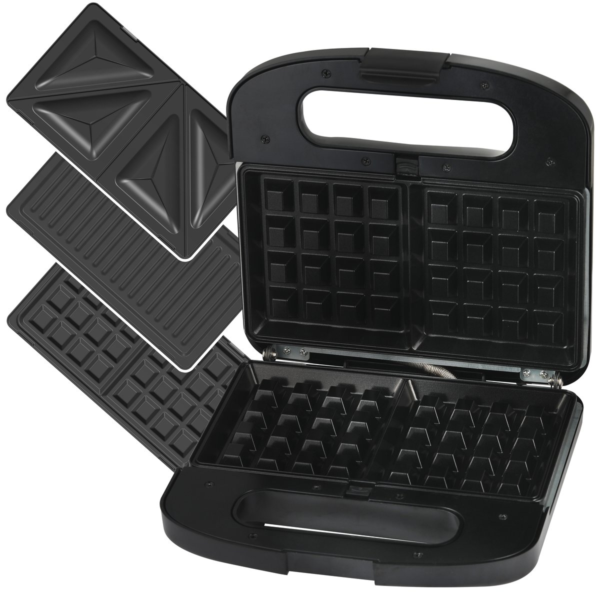 Una piastra per toast e waffle nera con tre piastre intercambiabili.