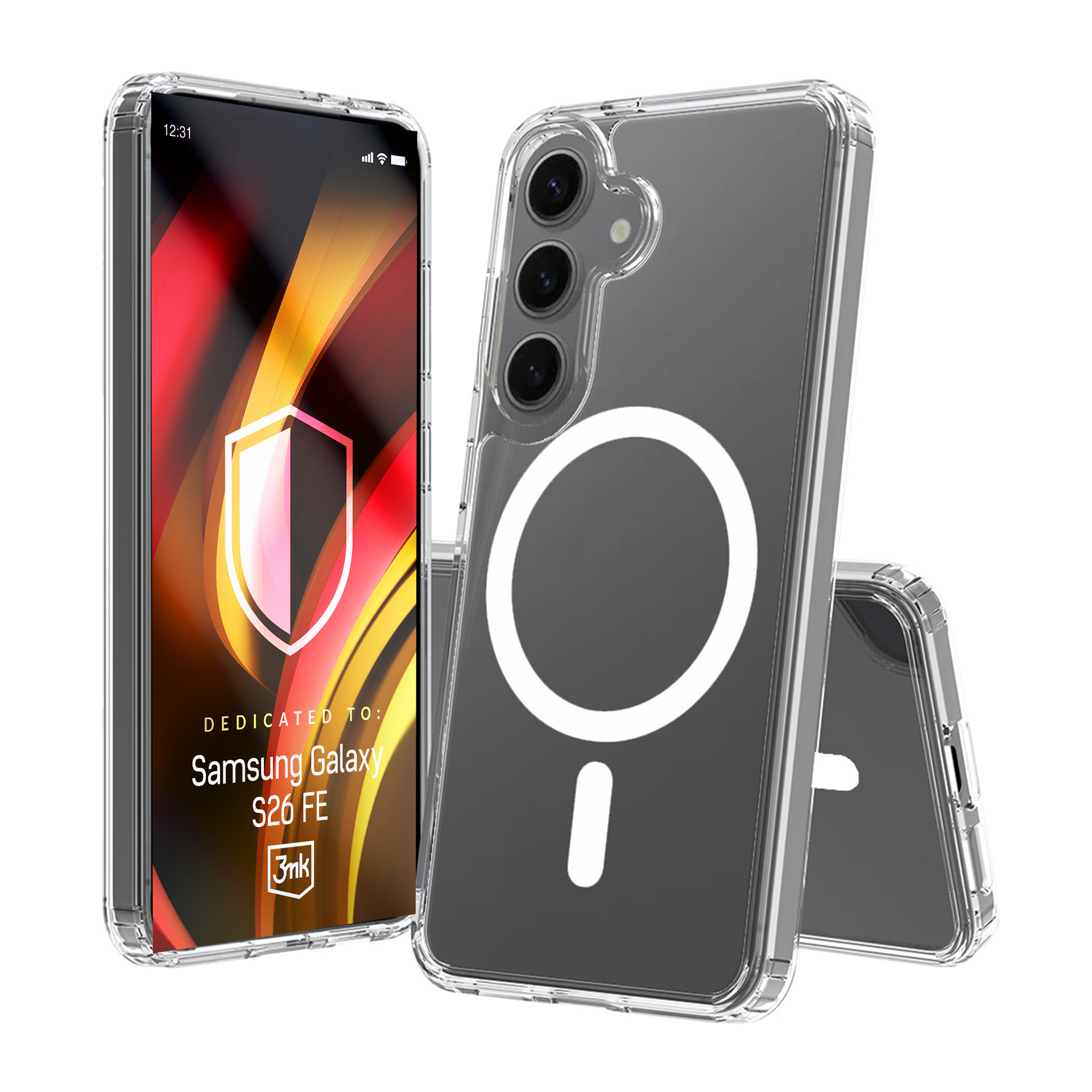 Przezroczyste etui do Samsung S26 FE z magnetycznym wzorem koło/kreska.