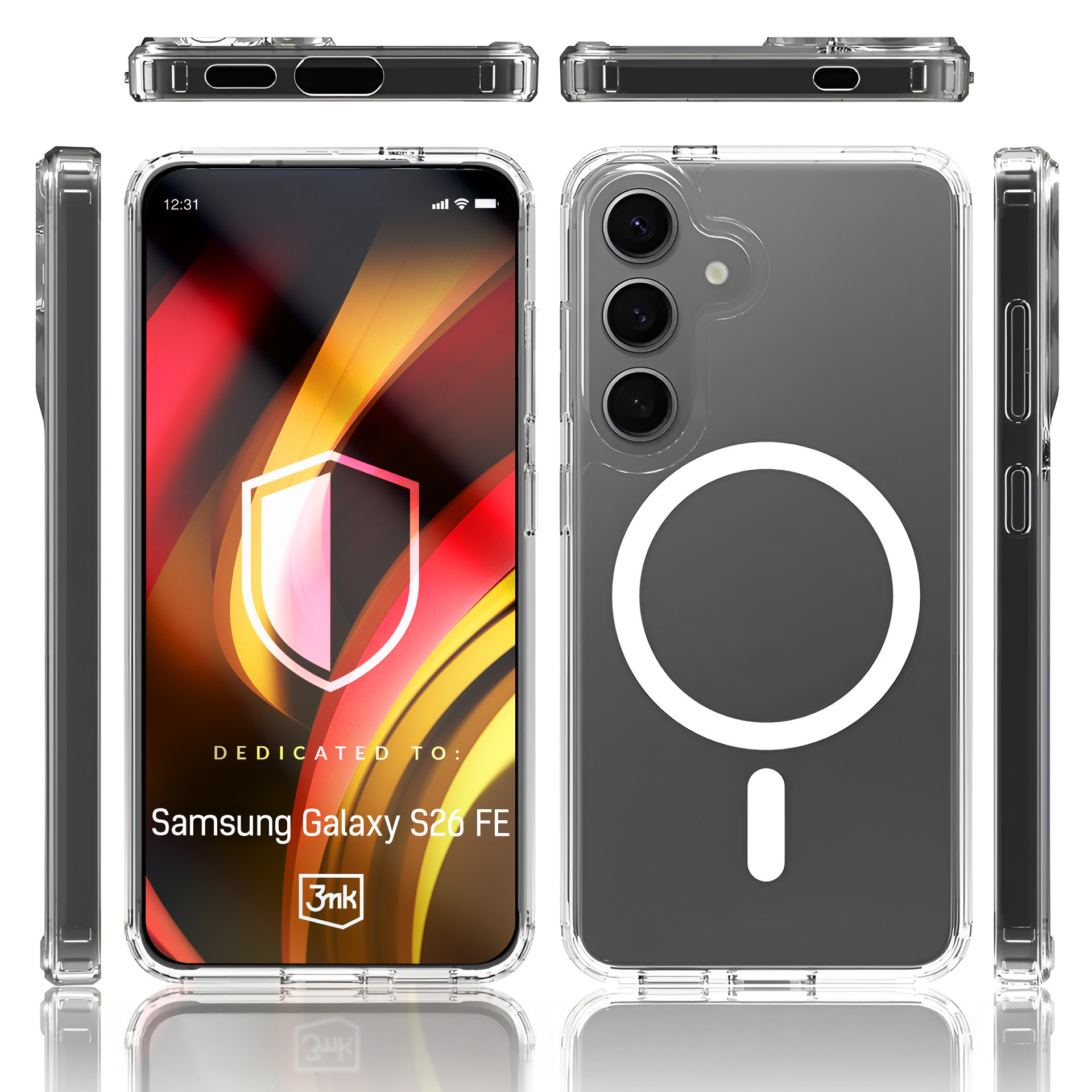 Przezroczyste etui na telefon Samsung Galaxy S26 FE, pokazuje tył z kamerami i pierścieniem magnetycznym.