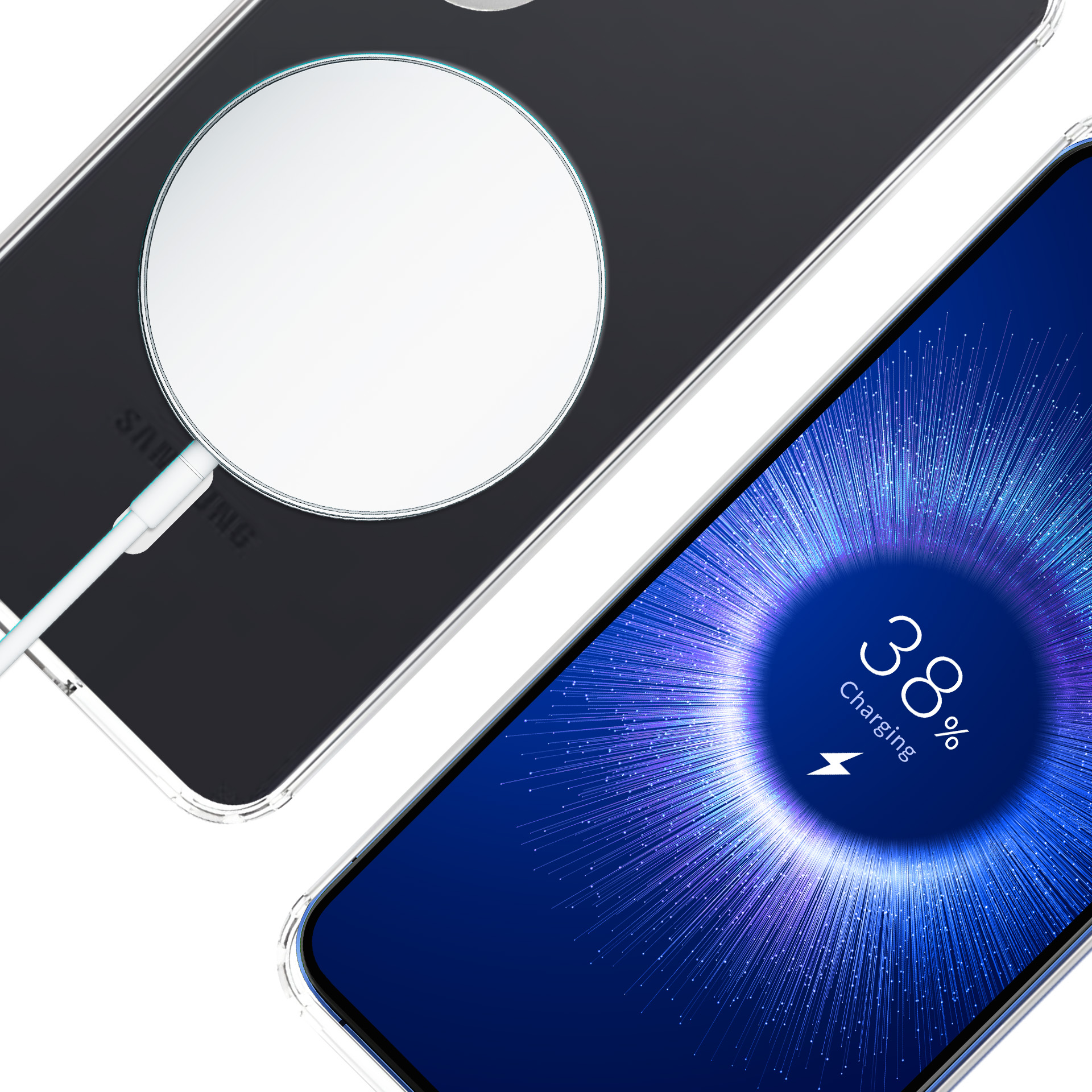 Telefon ładuje się bezprzewodowo. Biała okrągła ładowarka z tyłu telefonu.