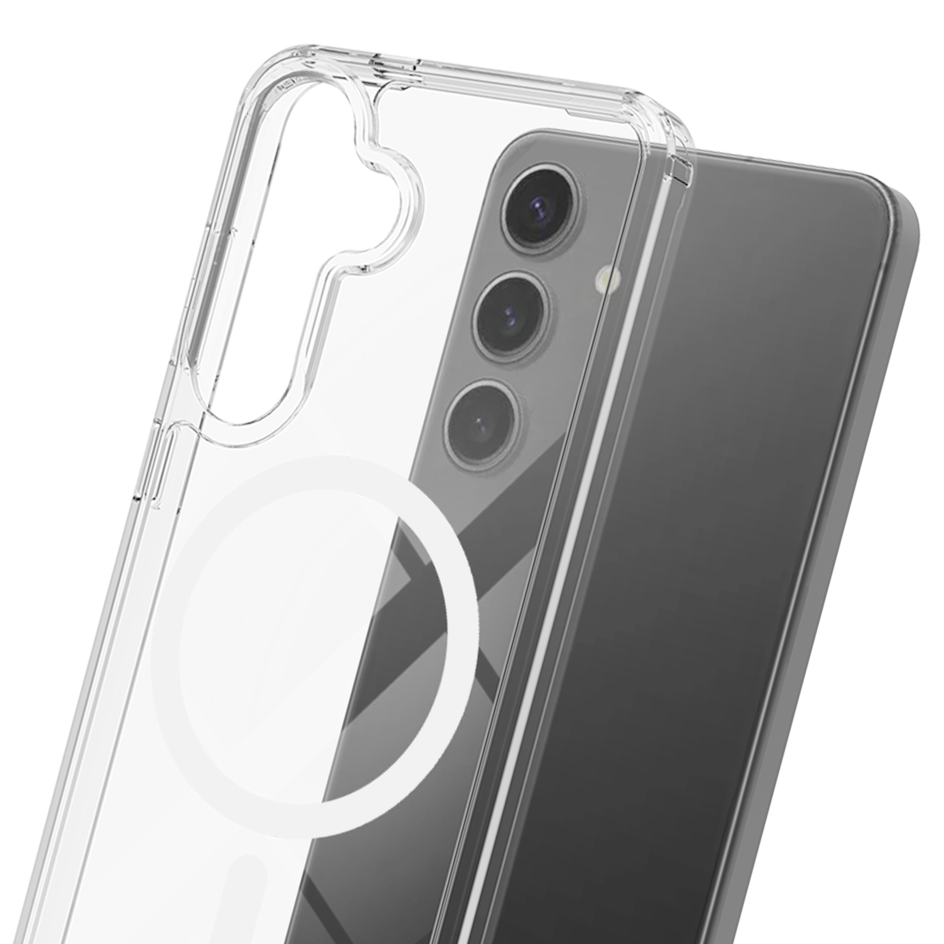 Przezroczyste etui na telefon z pierścieniem magnetycznym leży na ciemnym smartfonie.