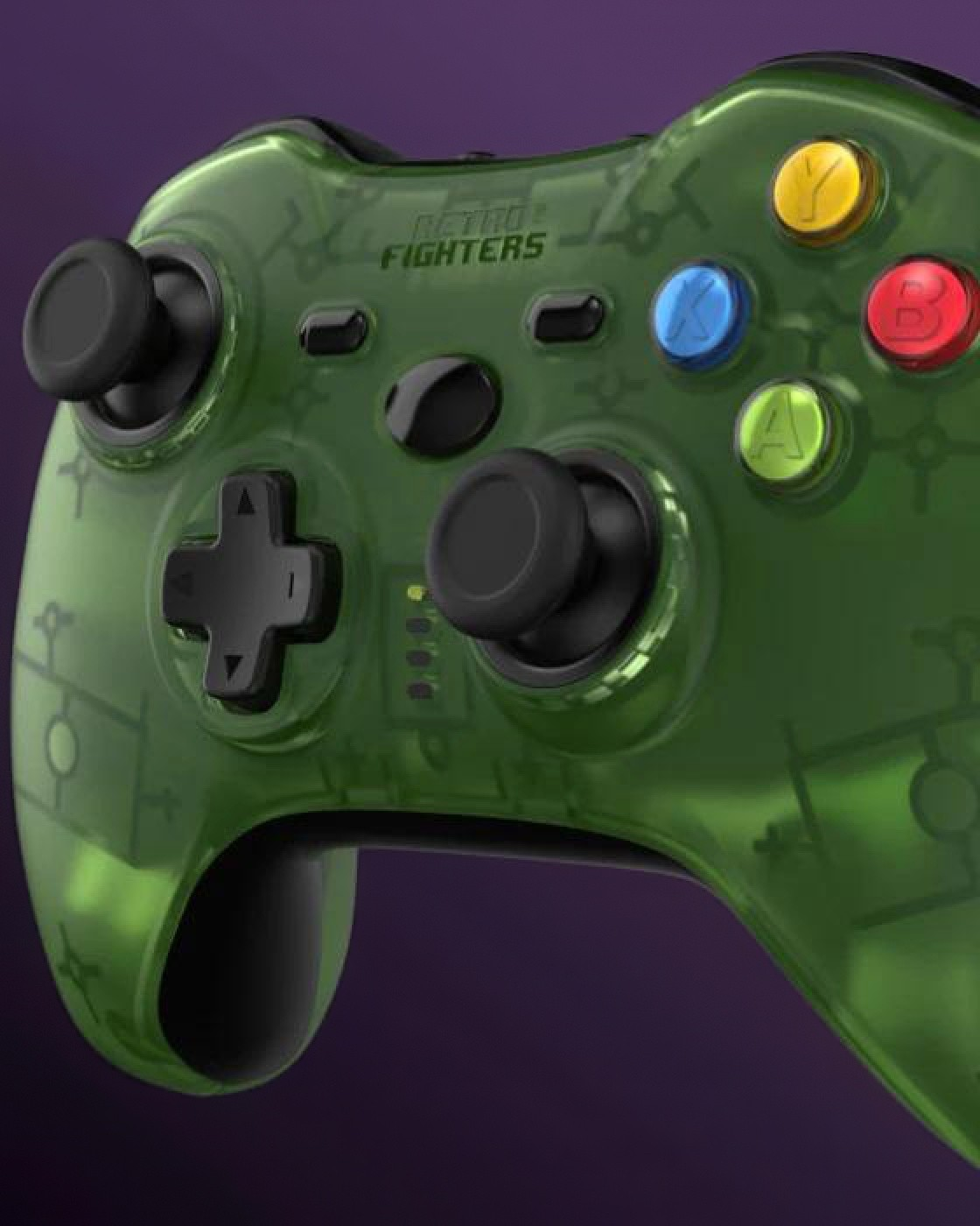 Przezroczysty zielony kontroler z czarnymi joystickami i kolorowymi przyciskami.