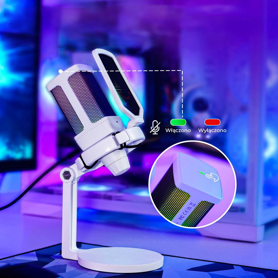 Biały mikrofon RGB na statywie. Okrąg pokazuje sterowanie dotykowe. Wskaźniki wyciszenia/włączenia.