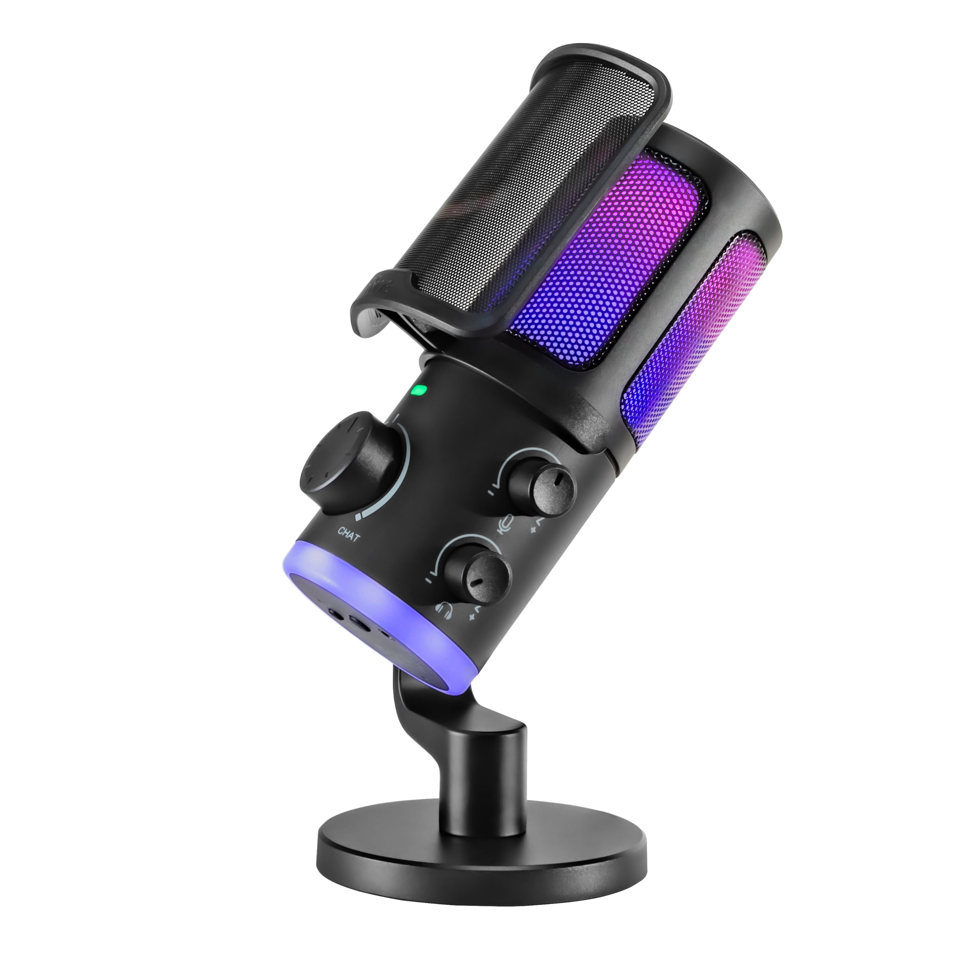 Czarny mikrofon z oświetleniem RGB, na stojaku z gałkami.