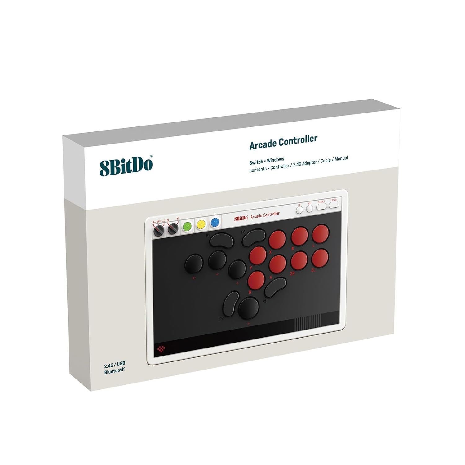 Pudełko 8BitDo Arcade Controller z widocznym kontrolerem. 2.4G/USB Bluetooth.