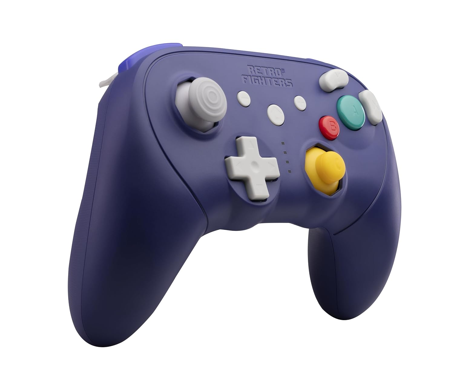 Fioletowy kontroler Gamecube z żółtym joystickiem i kolorowymi przyciskami.