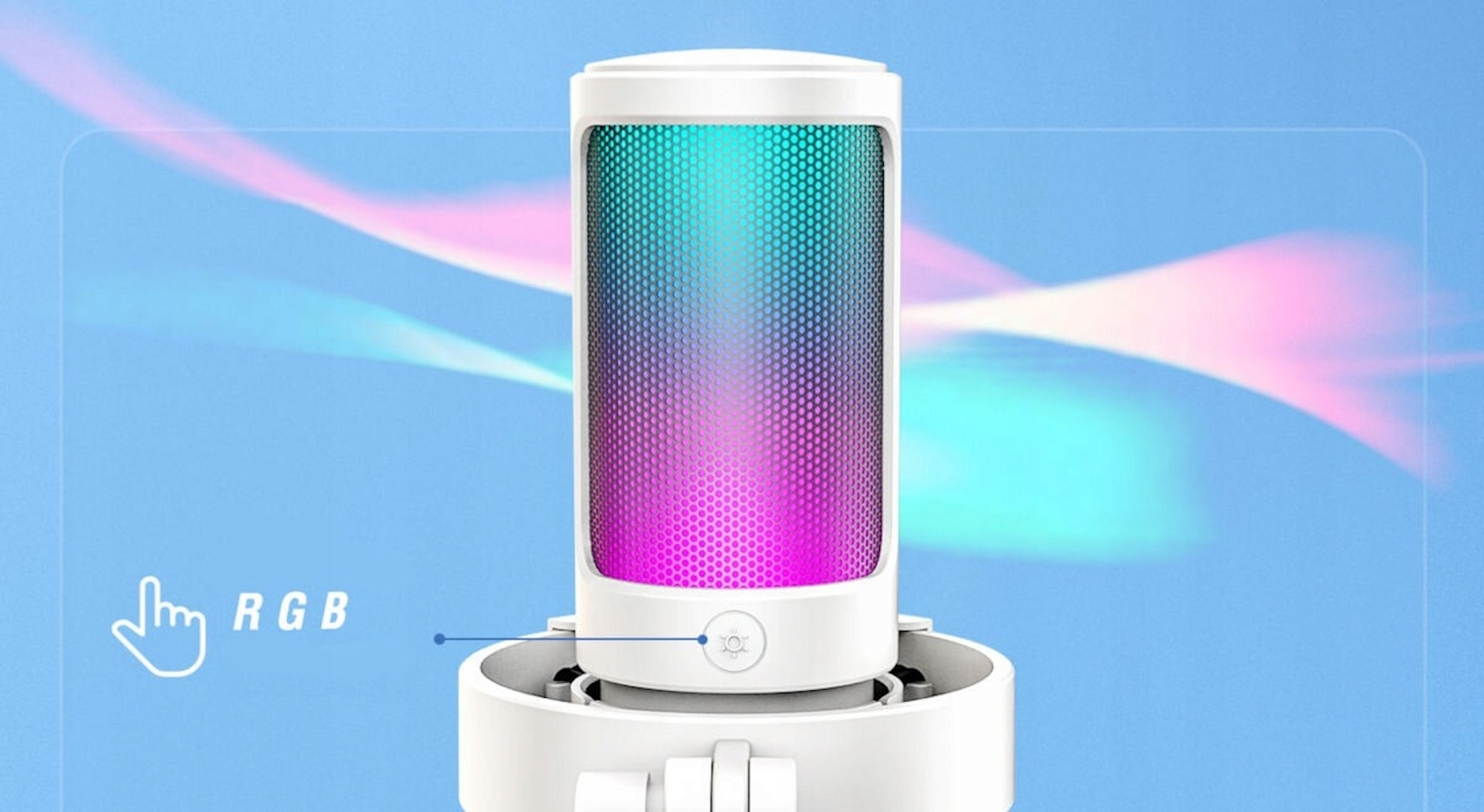 Białe cylindryczne urządzenie z oświetleniem RGB i ikoną dłoni z tekstem 'RGB'.