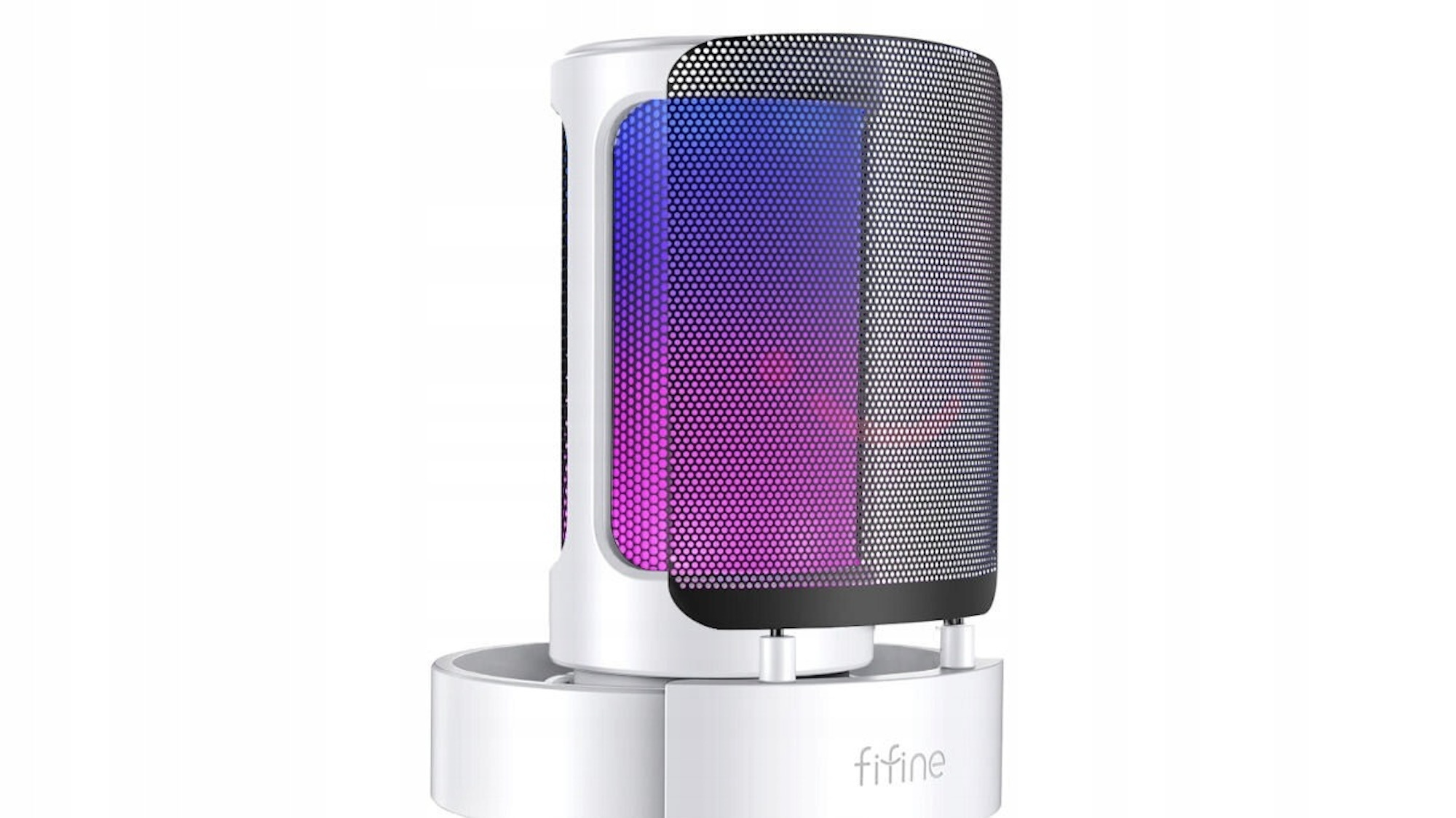 Biały mikrofon z podświetleniem RGB na okrągłej podstawie.