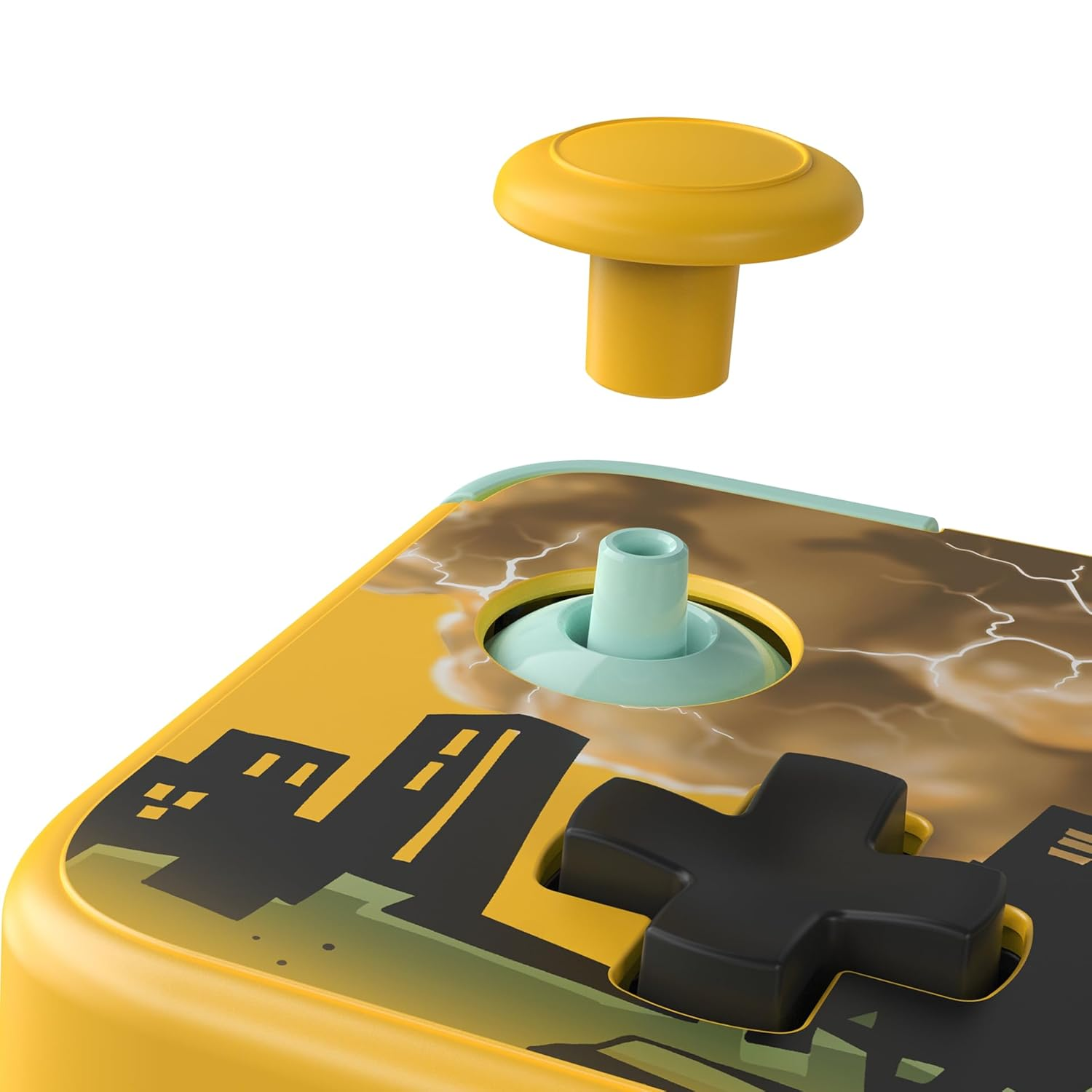 Żółty joystick nad żółtym kontrolerem z nadrukiem miasta i wzorem błyskawic.
