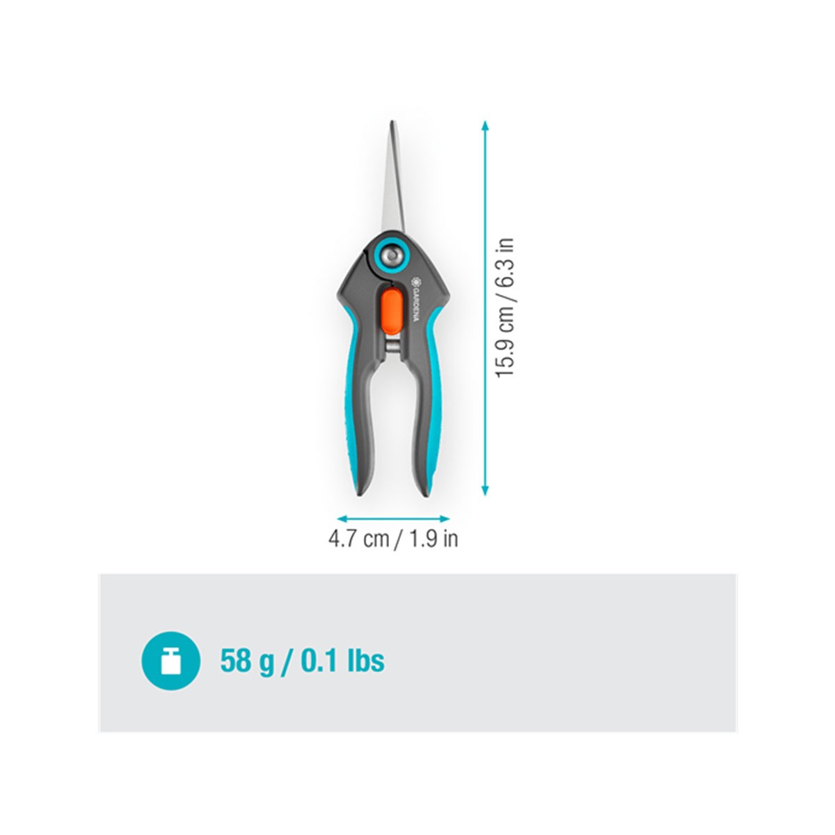 Gartenschere: 15,9 cm lang, 4,7 cm breit, 58 g schwer.