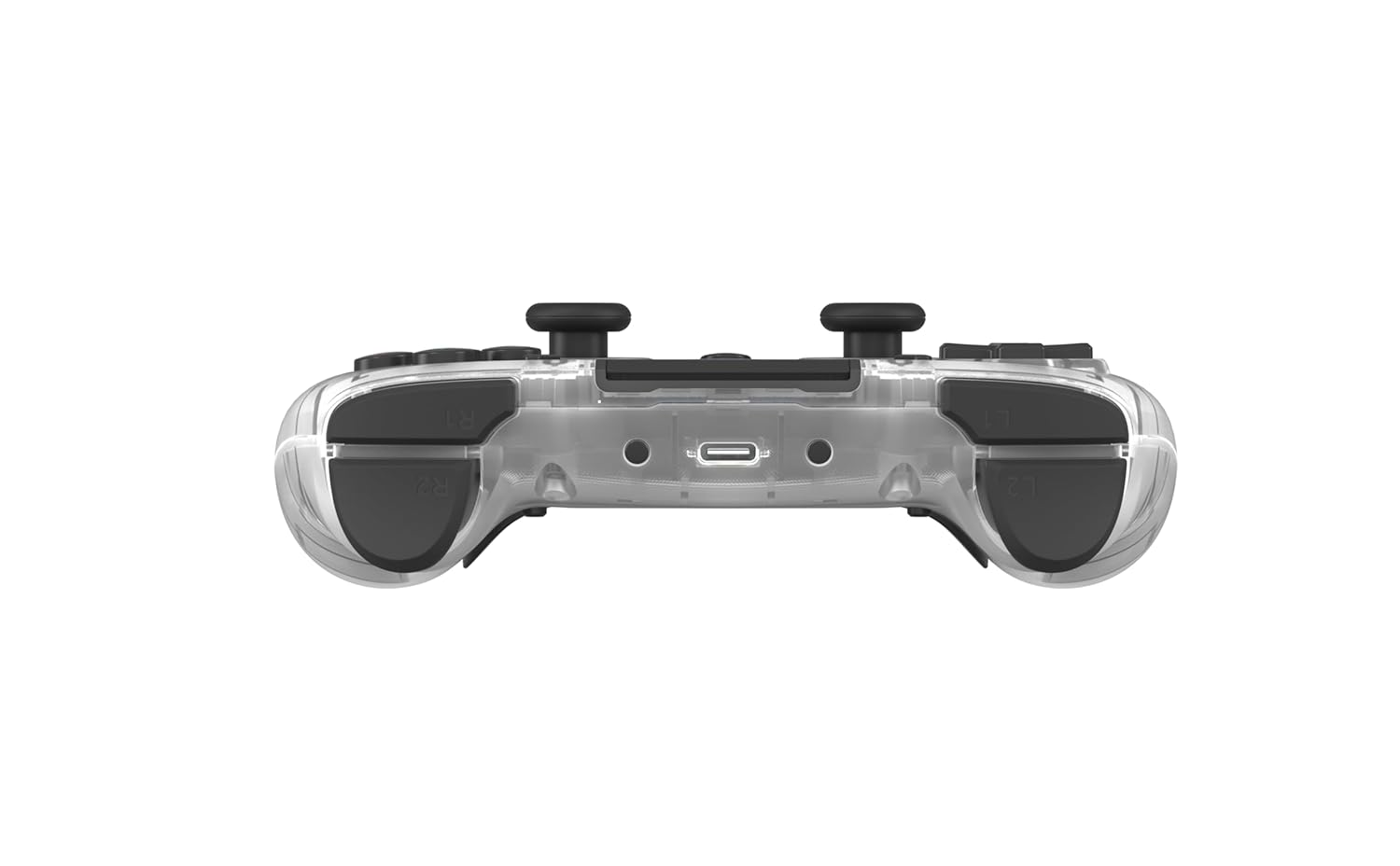 Przezroczysty kontroler z czarnymi przyciskami i portem USB-C.