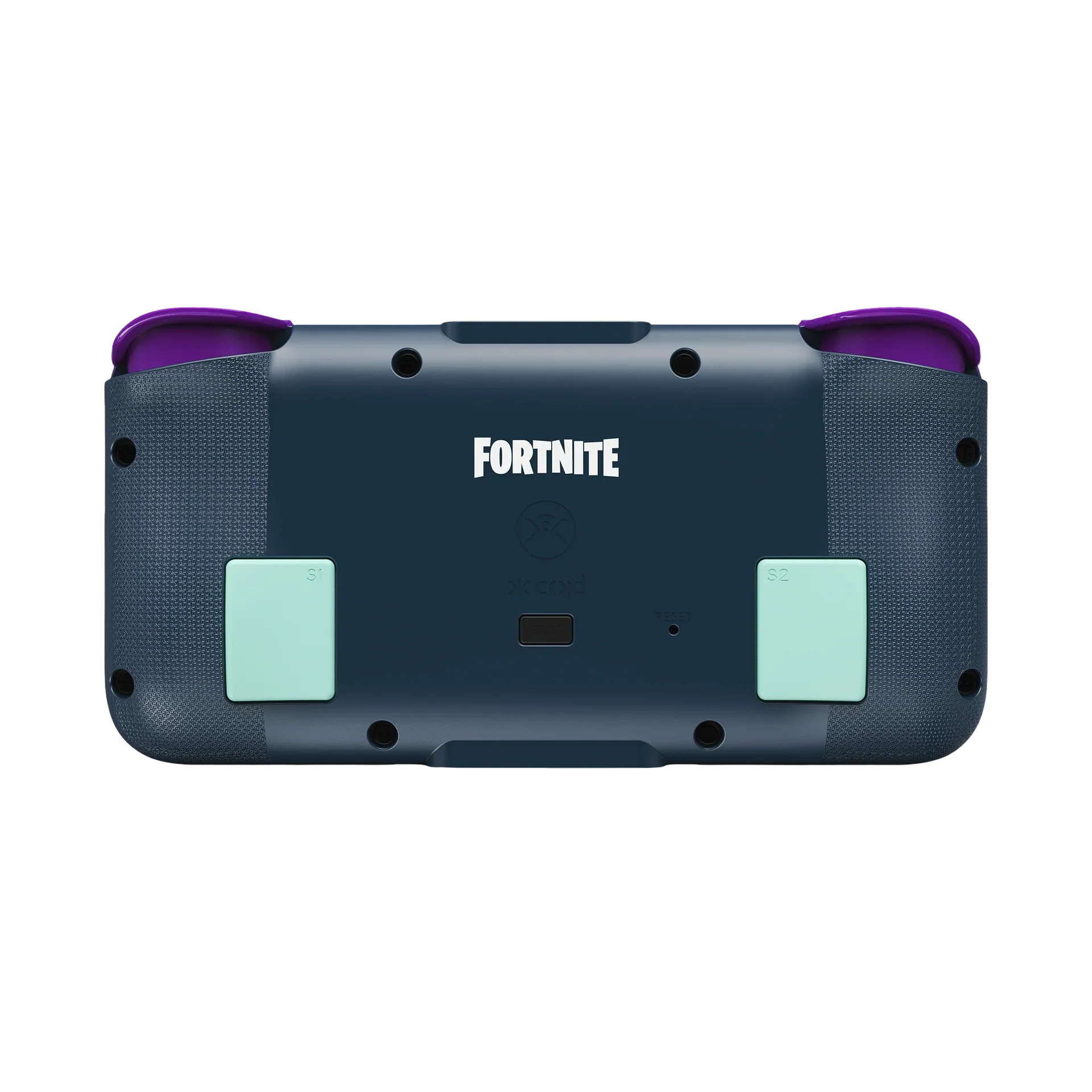 Tył ciemnego kontrolera z fioletowymi akcentami, logo Fortnite i zielonymi etykietami.