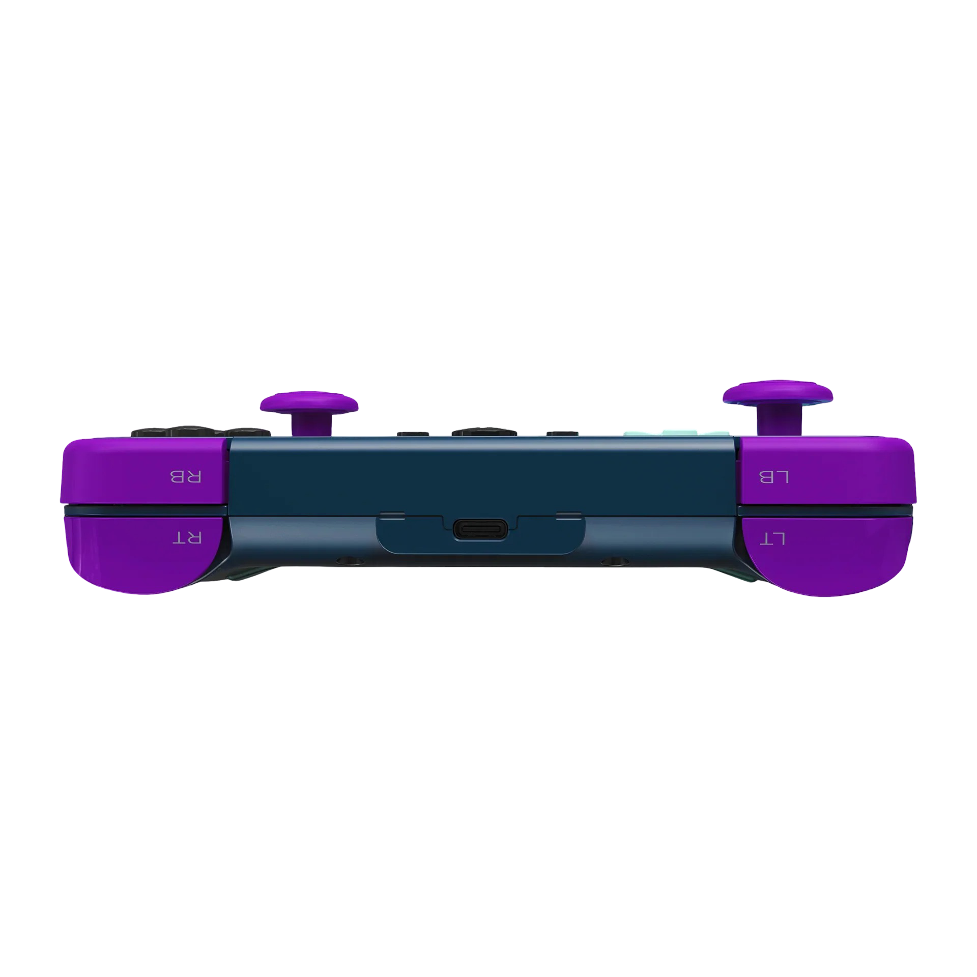 Ciemnoniebieski gamepad z fioletowymi akcentami i przyciskami.