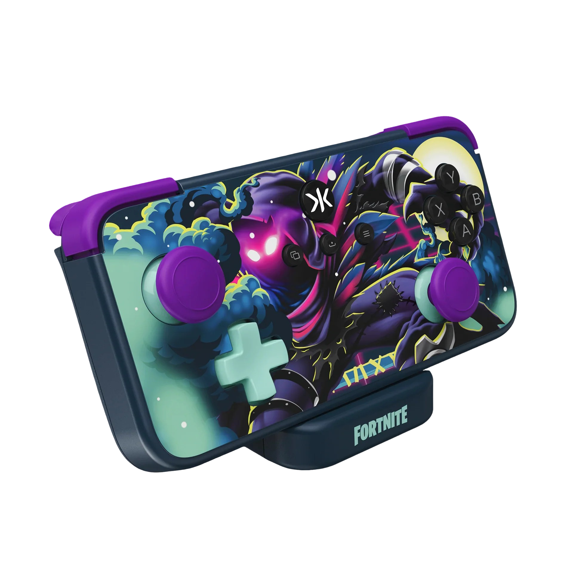 Kontroler Fortnite z fioletowymi i turkusowymi akcentami oraz ciemnym motywem postaci.