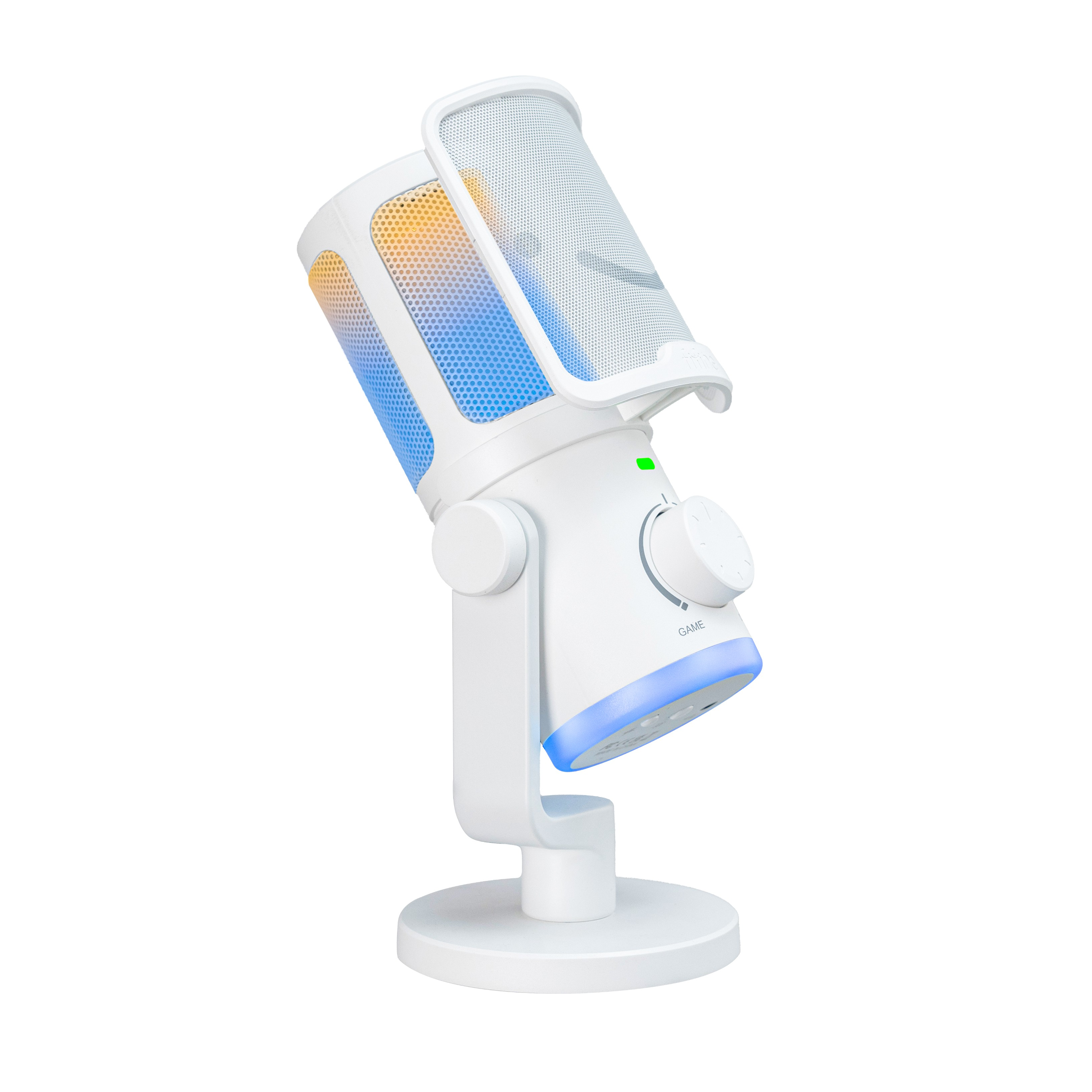 Biały mikrofon z podświetleniem RGB stoi na podstawie.
