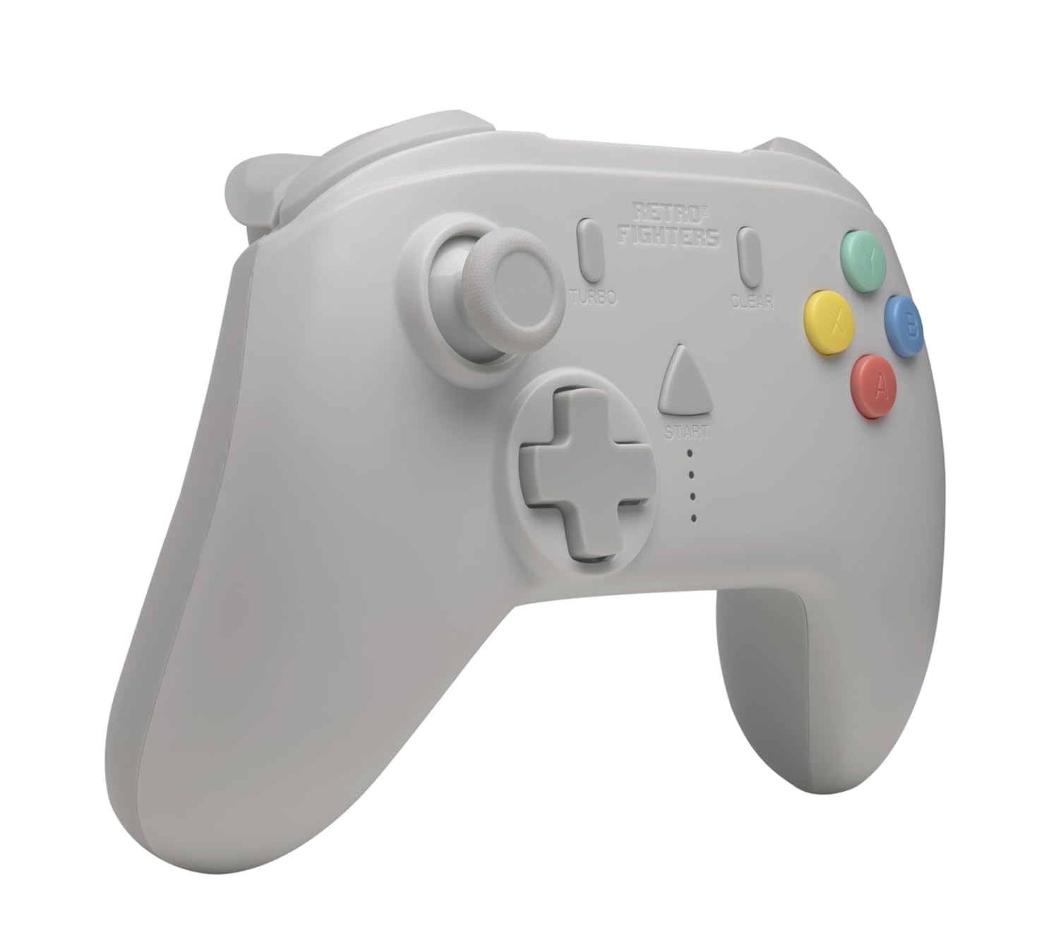 Controller grigio retro per videogiochi con analogico, D-pad e pulsanti colorati.