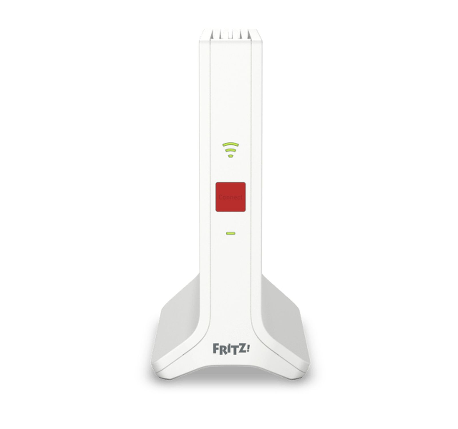 Un repetidor Wi-Fi Fritz! blanco con botón rojo y LEDs verdes.