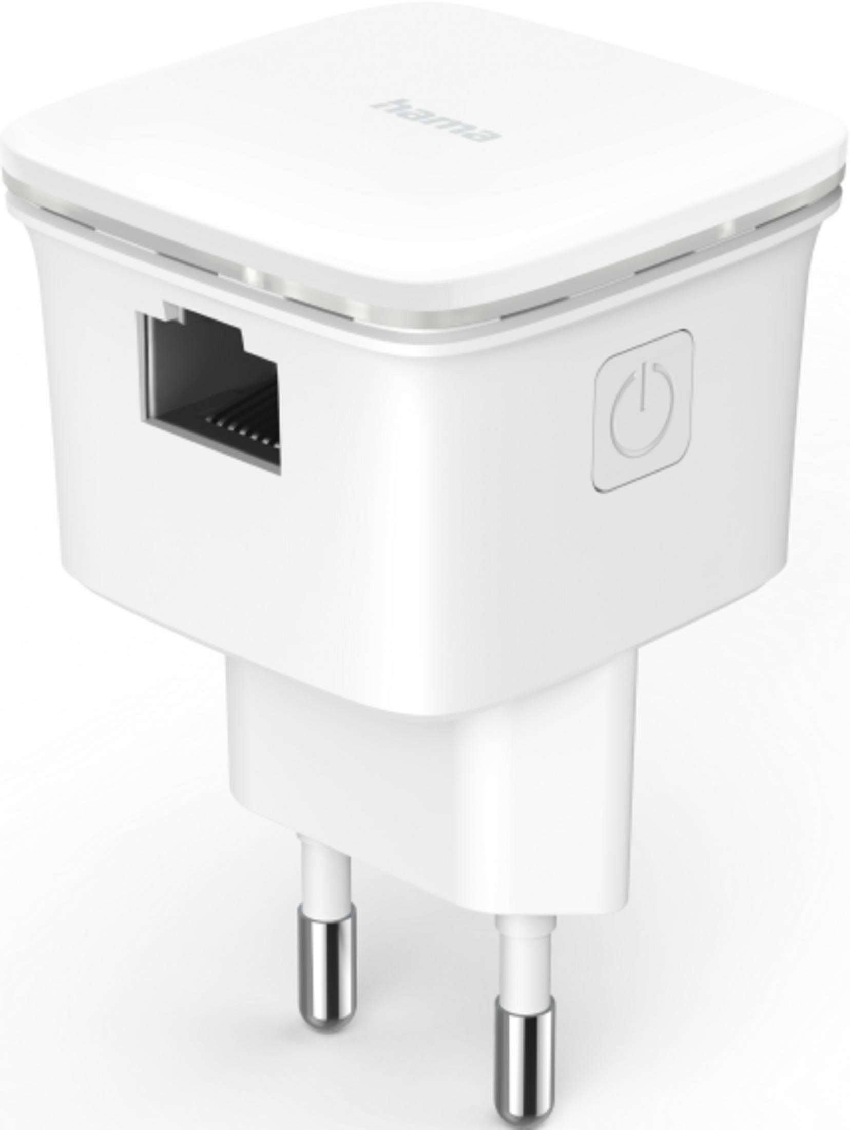 Un adattatore Hama bianco con porta Ethernet e icona di accensione.