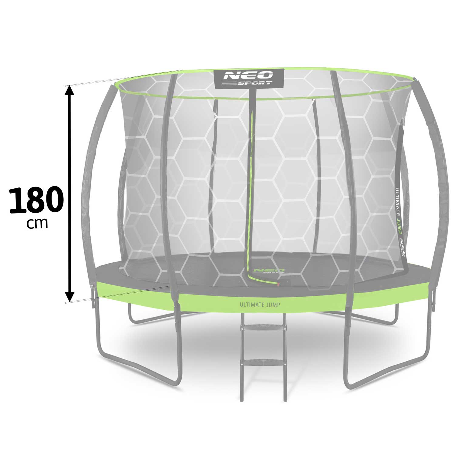 Trampolina z siatką zabezpieczającą i drabiną. Wysokość 180 cm.