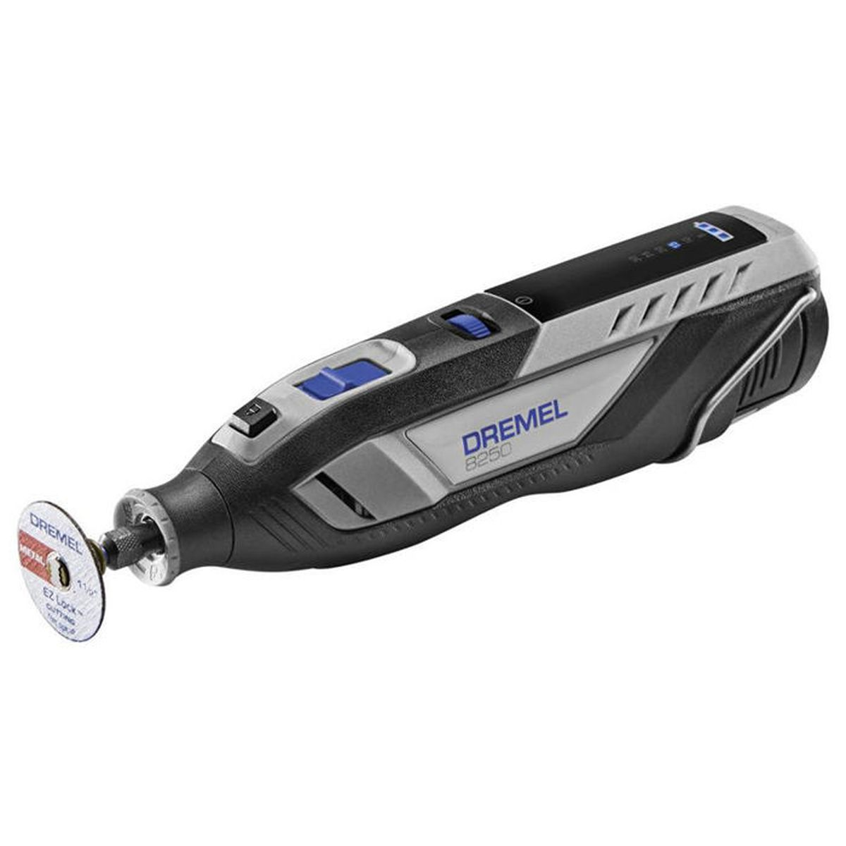 Schwarzes und graues Dremel 8250 Multifunktionswerkzeug mit einem an der Spitze befestigten Trennschleif.