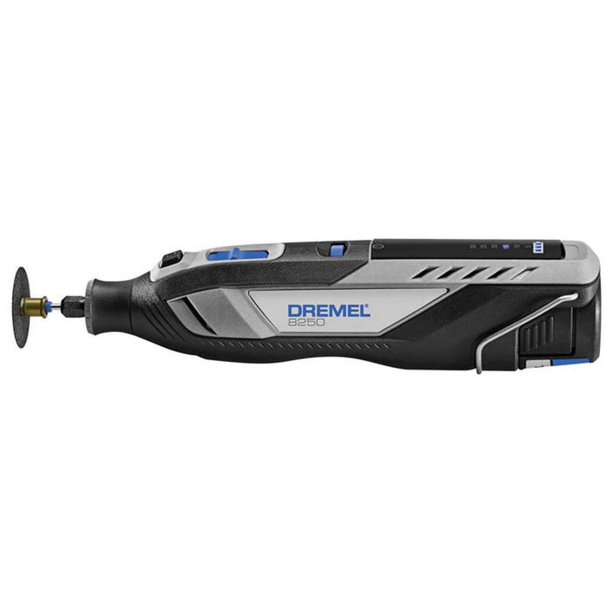 Schwarzes und graues Dremel 8250 Multifunktionswerkzeug mit einem Trennscheibenaufsatz.