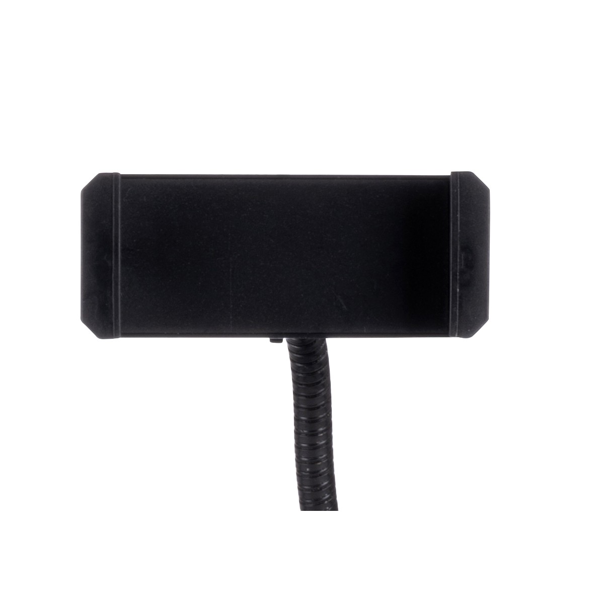 Un support de téléphone noir avec un col de cygne flexible sur fond blanc.
