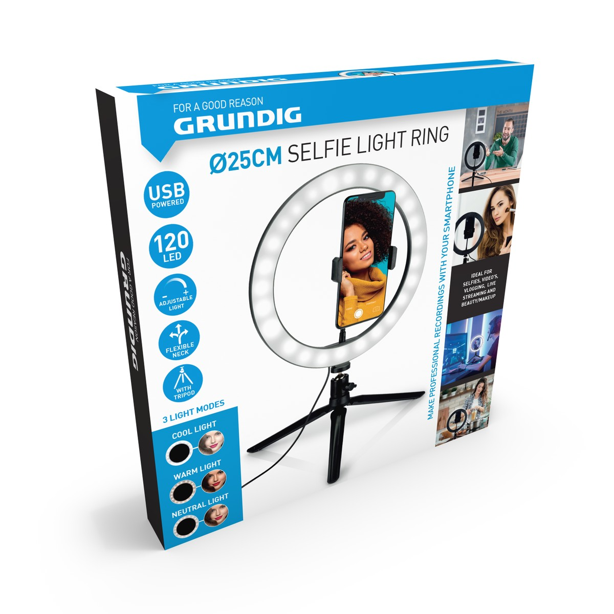 Rond de lumière selfie Grundig avec 120 LED, USB, flexible, 3 modes d'éclairage.
