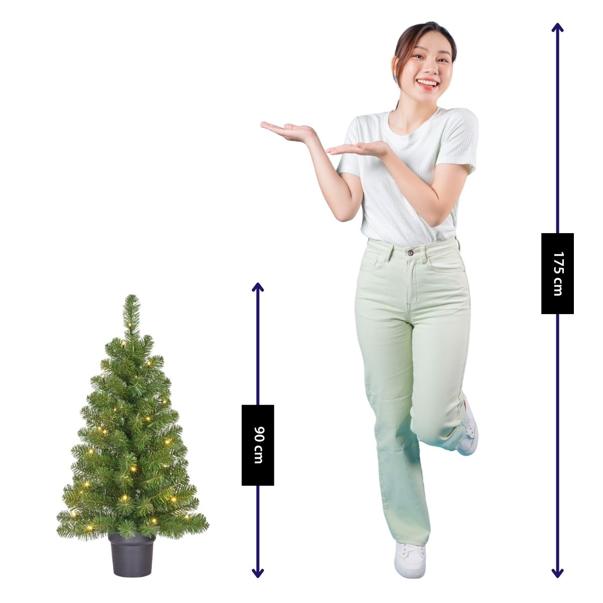 A woman stands next to a 90cm Christmas tree. She is 175cm tall.