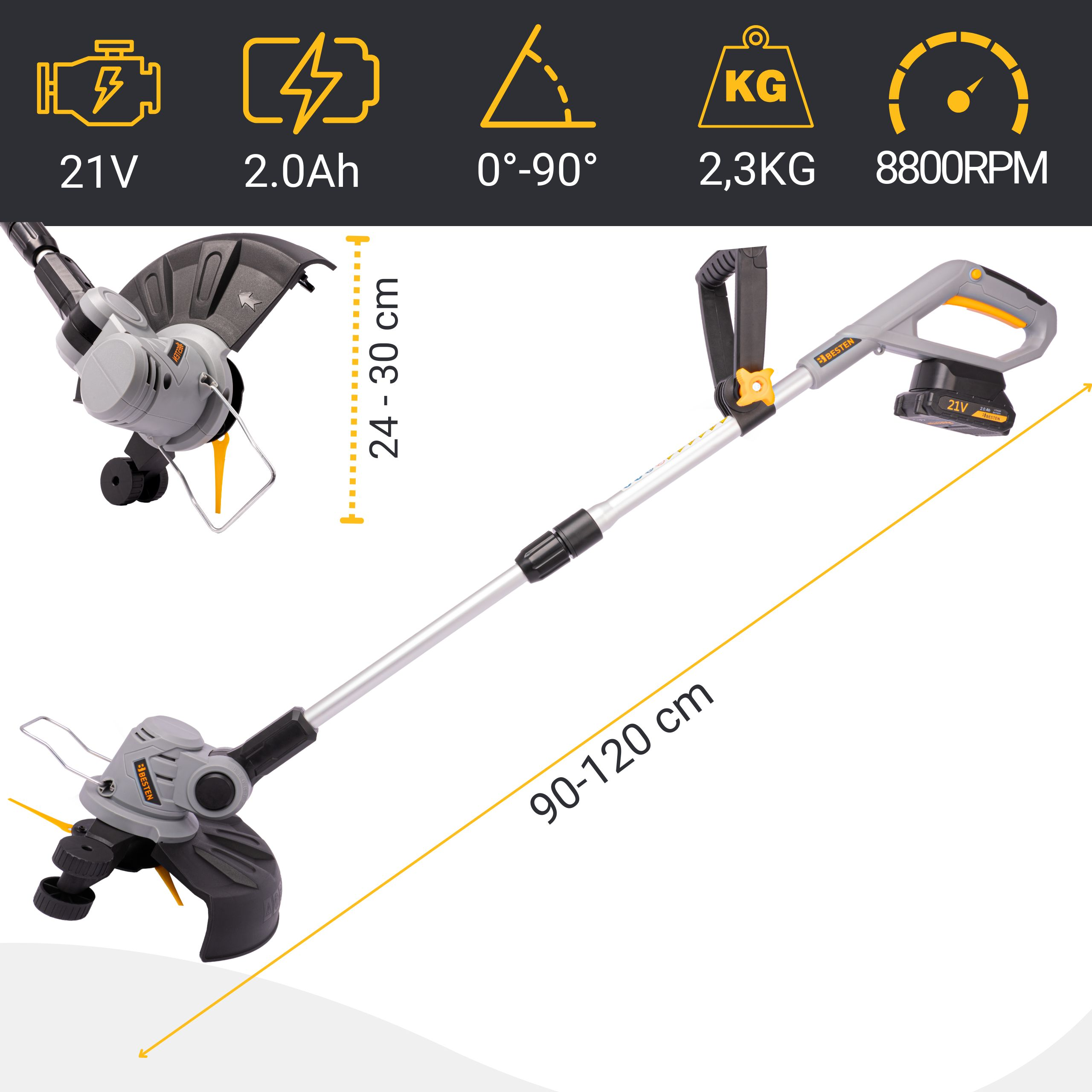 Podkaszarka akumulatorowa ze specyfikacjami: 21V, 2.0Ah, 2.3KG, 8800RPM.