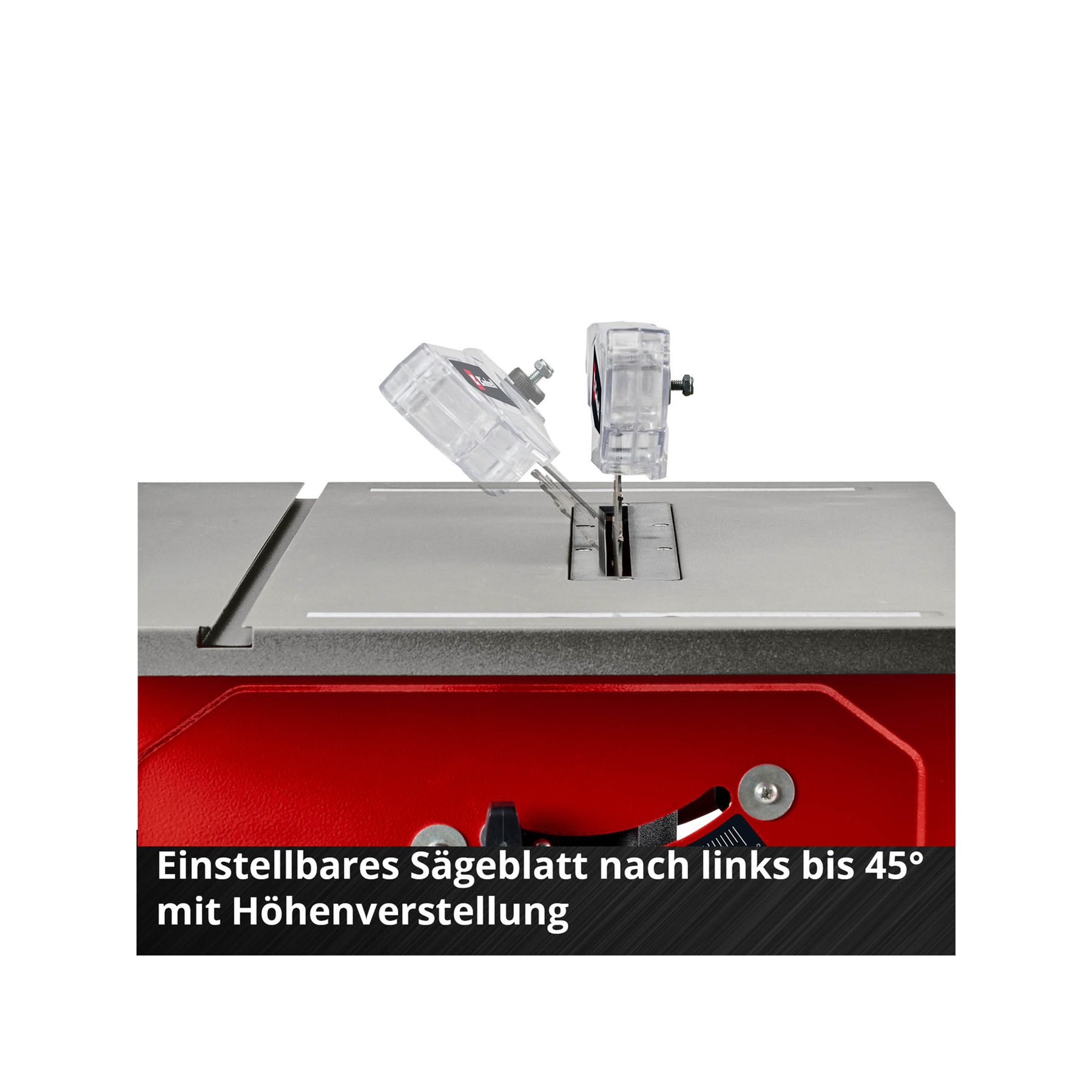 Tischkreissäge mit einstellbarem Sägeblatt nach links bis 45°.