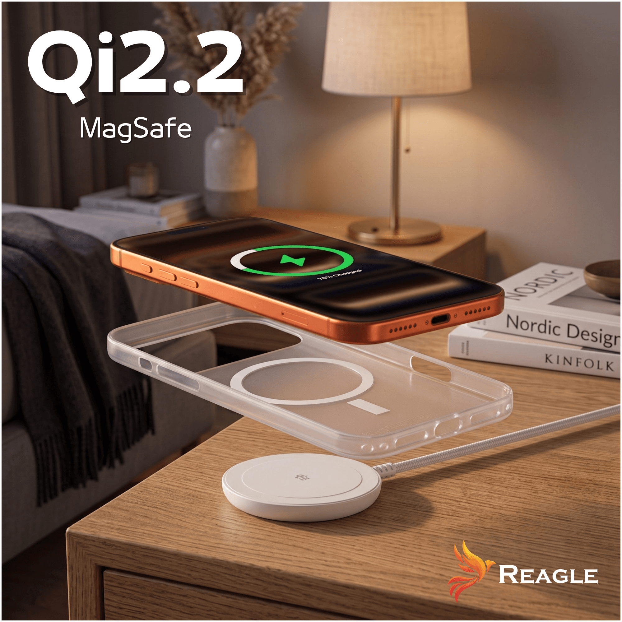 Qi2.2 MagSafe: Orangefarbenes Handy, durchsichtige Hülle, weißes Ladegerät auf Holztisch.