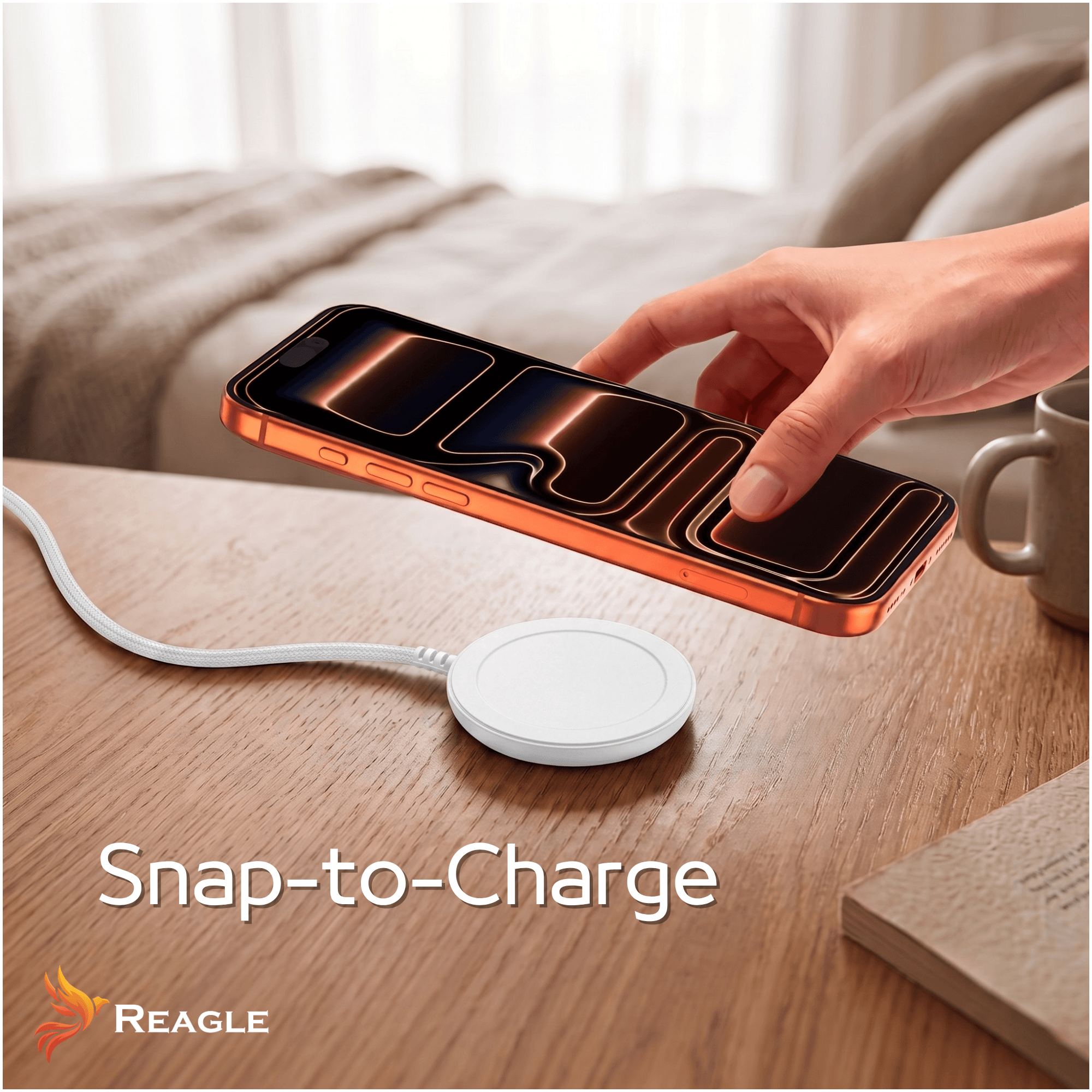 Orangefarbenes Handy wird auf weißes Ladegerät gelegt. Text: Snap-to-Charge.