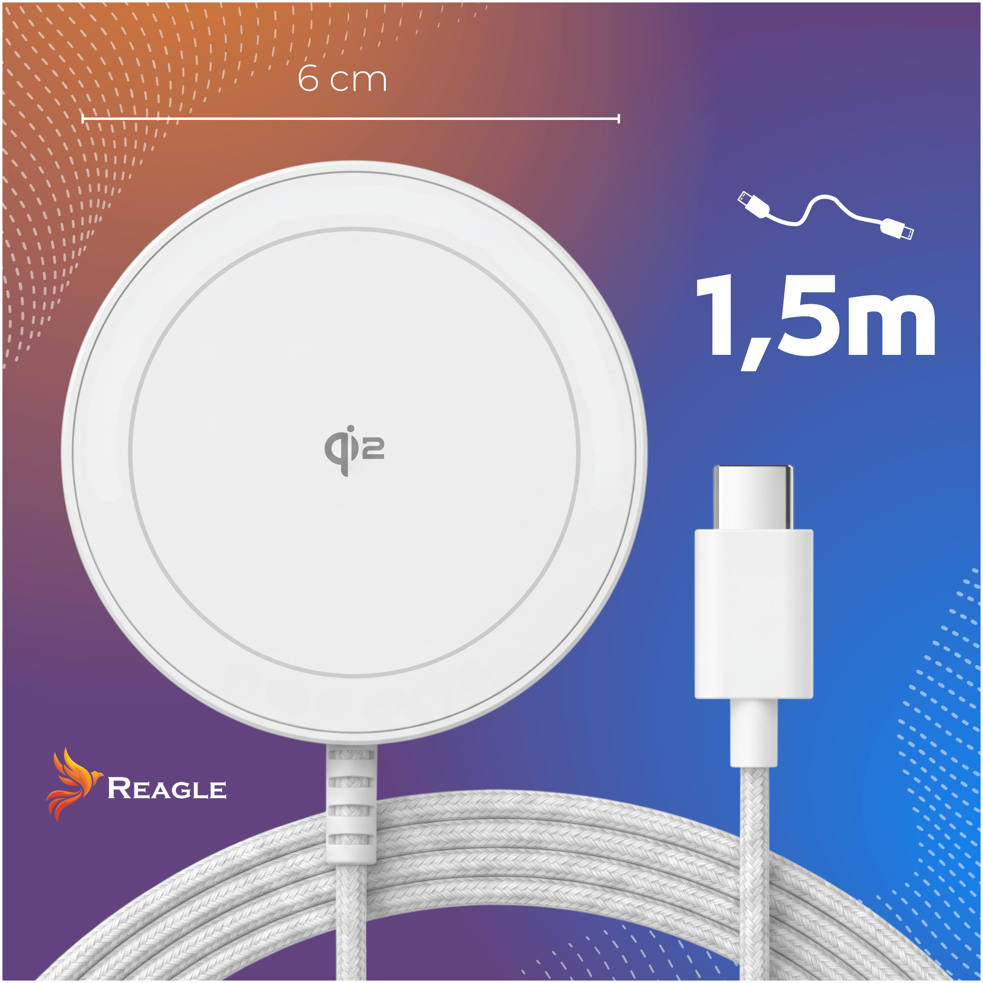 Weißes Qi2-Ladepad mit 6 cm Durchmesser und 1,5 m USB-C-Kabel.