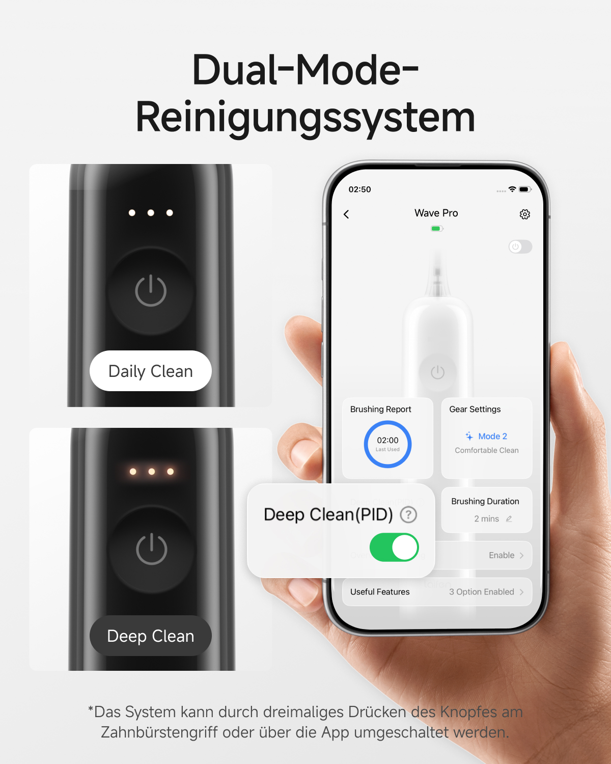 Zwei elektrische Zahnbürstenmodi, Daily Clean und Deep Clean, werden auf dem Handy angezeigt.