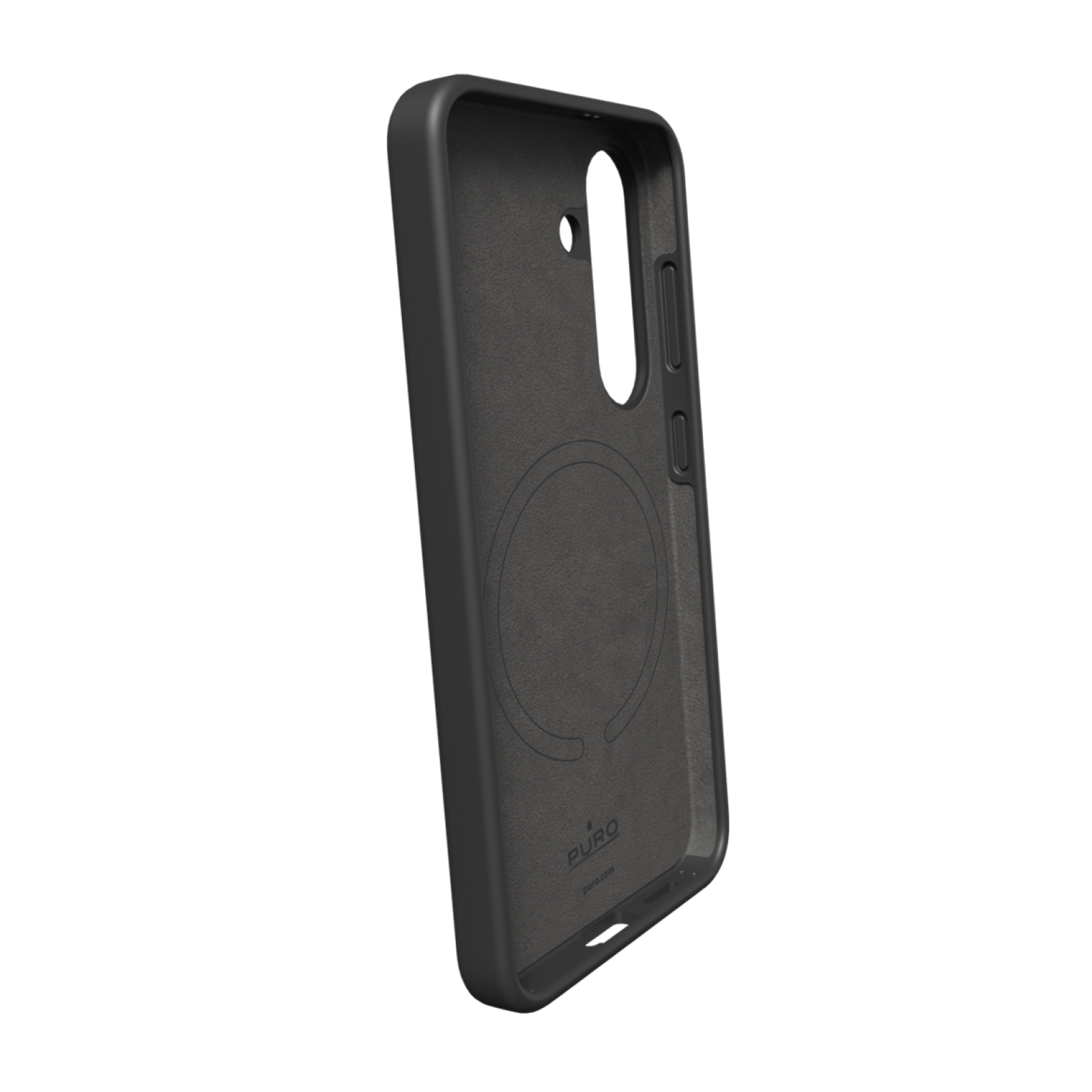 Una custodia nera per telefono con ritagli per fotocamera e pulsanti.