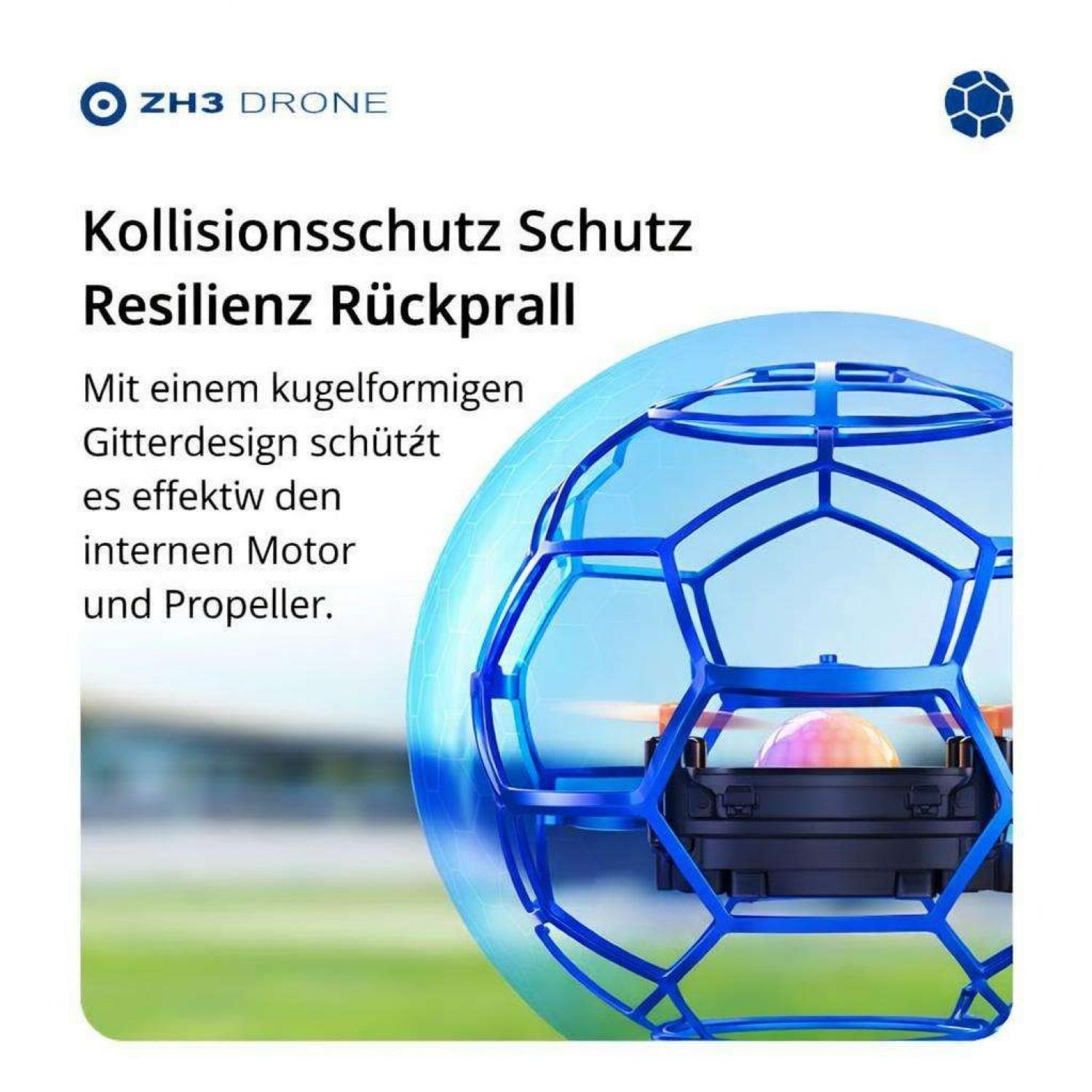 Blauer kugelförmiger Propellerschutz mit internem Motor und Propeller.